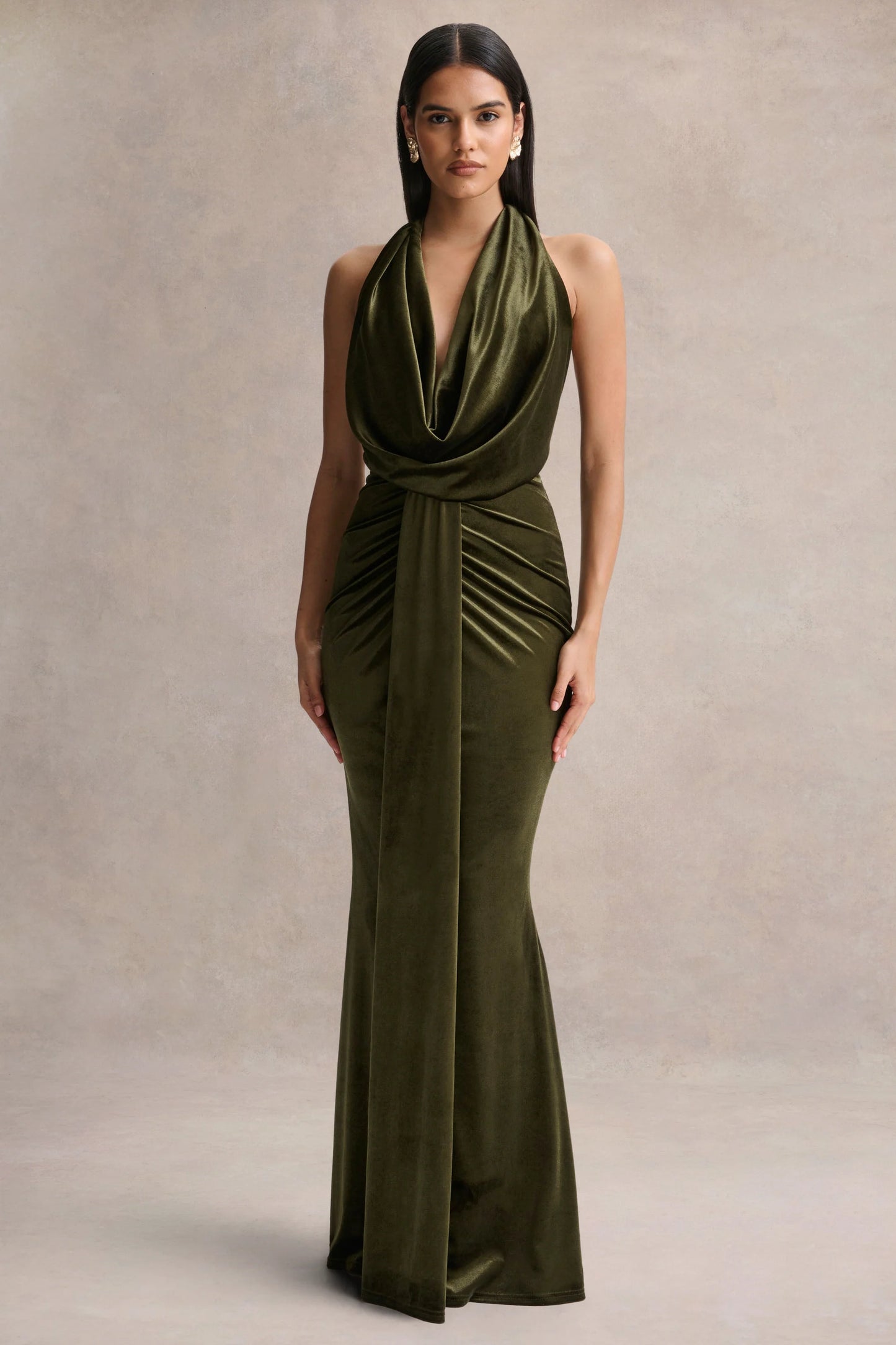 Lavernia Olive Velvet Halter-Neck Maxi Dress With Gathered-Detailing