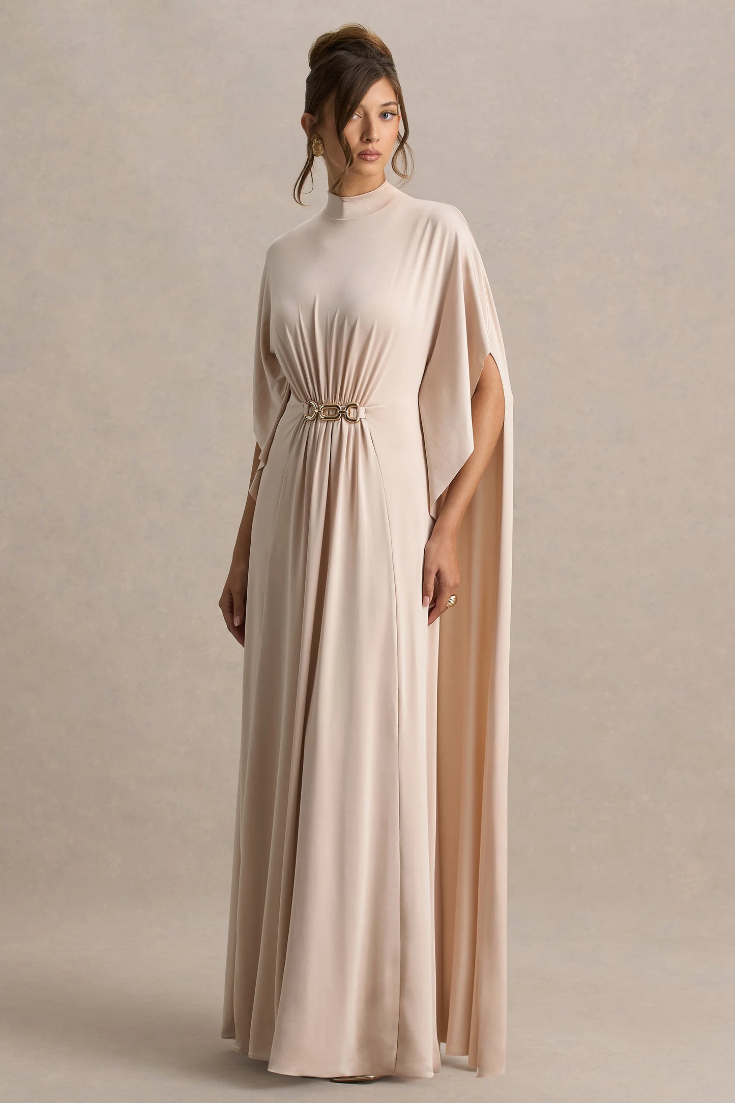 Olessia Champagne Belted Gathered Cape-Sleeve Maxi Dress