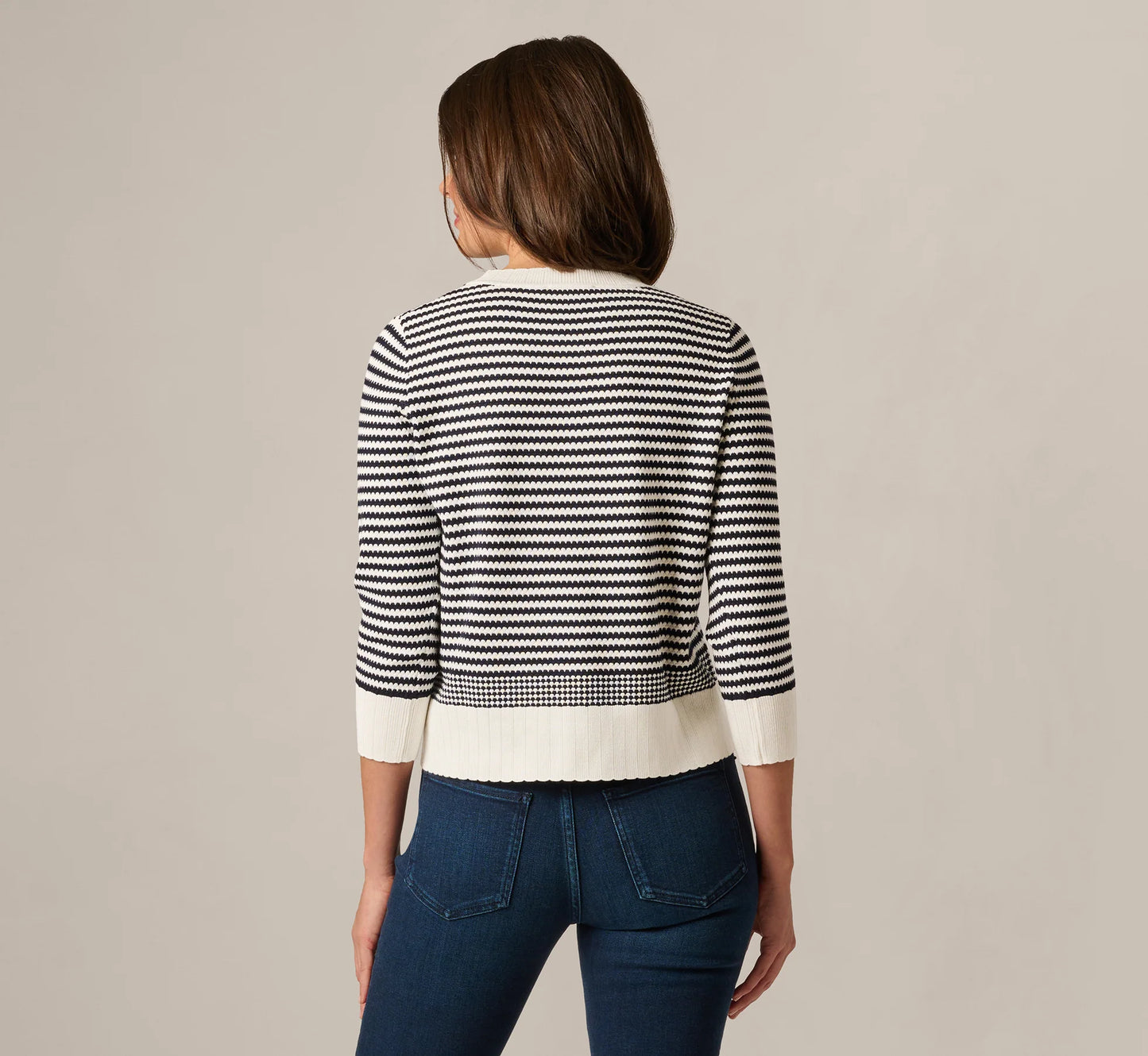 Three Quarter Sleeve Stripe Knit Sweater Top In Ivory Navy