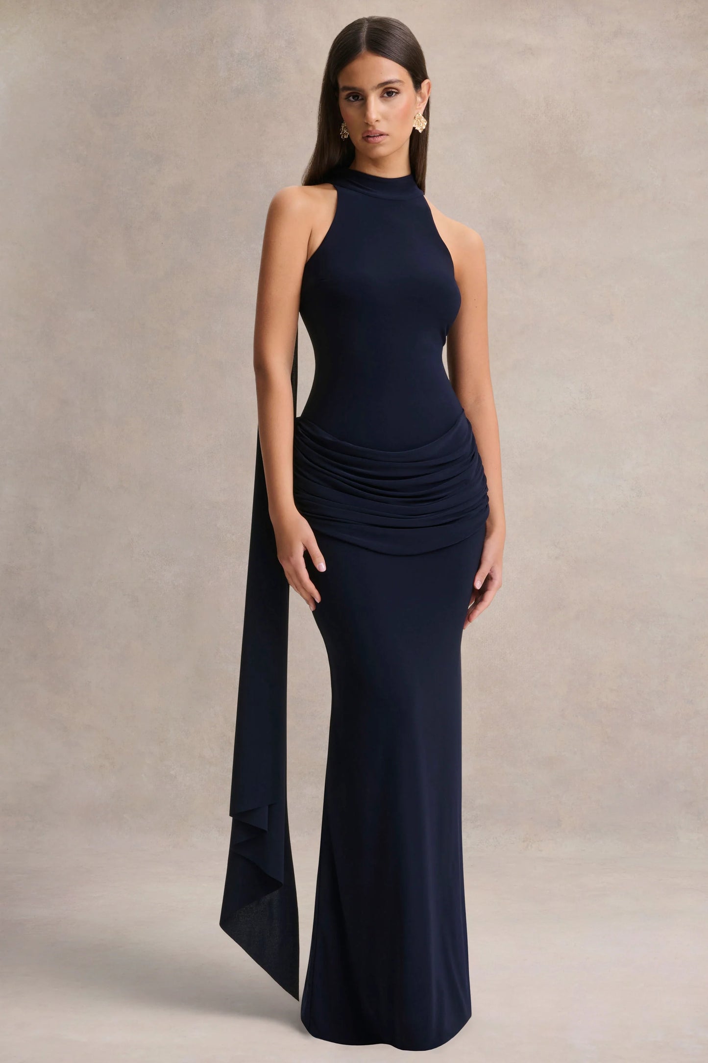 Hesperia Navy High-Neck Maxi Dress With Draped-Detailing And Scarf