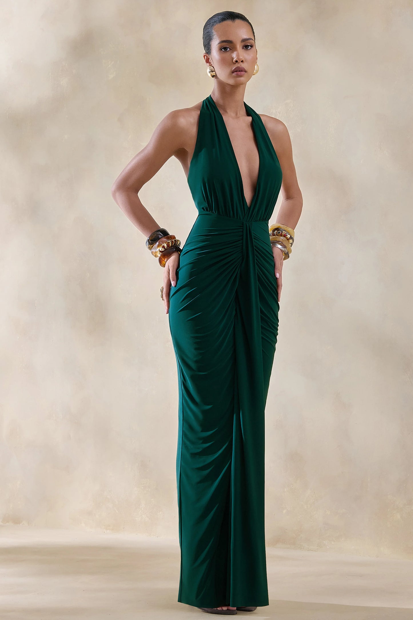 Lesley Bottle Green Plunge-Neck Maxi Dress
