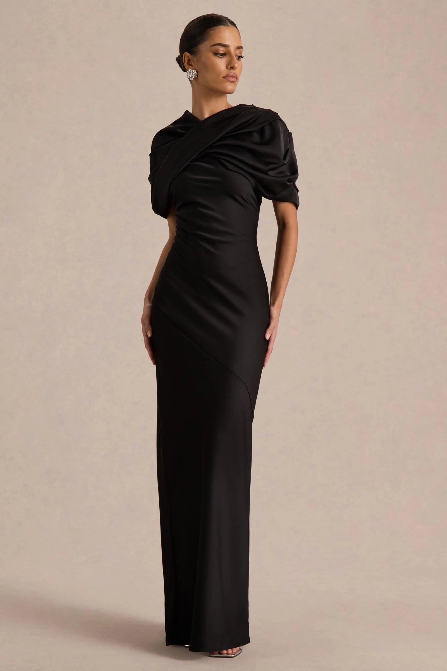 Yoli Black Satin Maxi Dress With Removable Twist-Cape