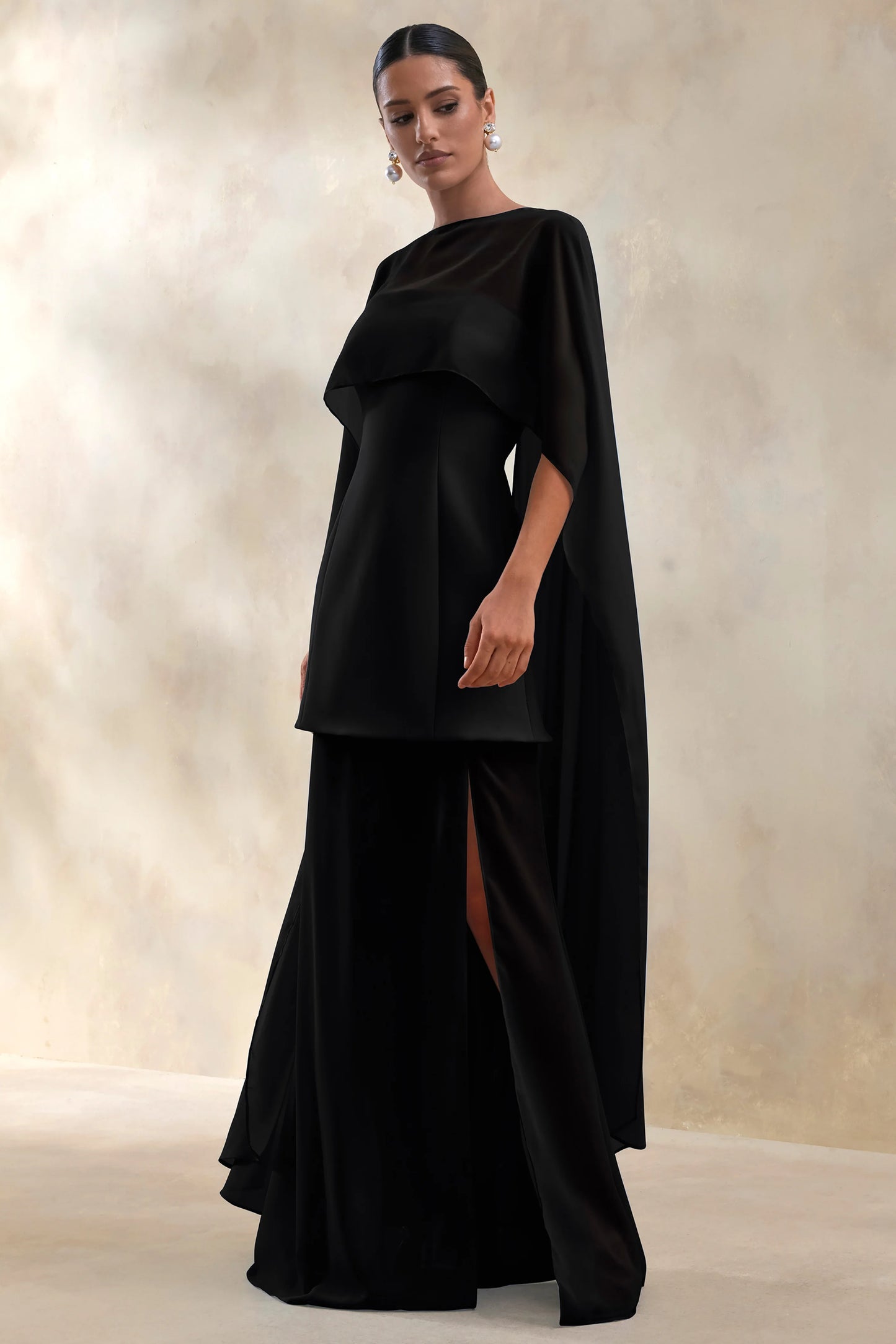 Chessa Black Slashed-Neck Maxi Dress With Sheer Cape
