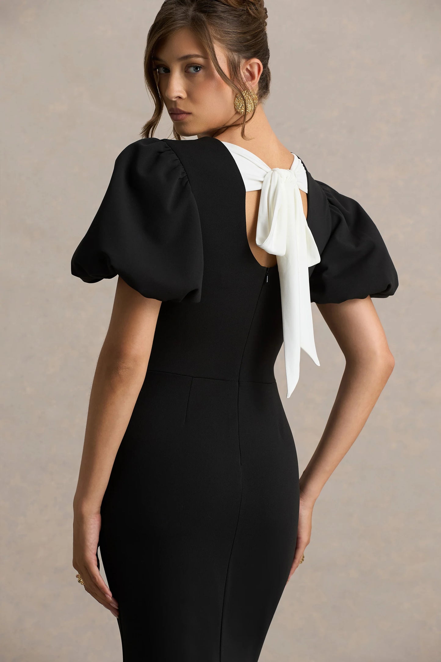 Carolina Black Puff-Sleeve Maxi Dress With White Bow Detail