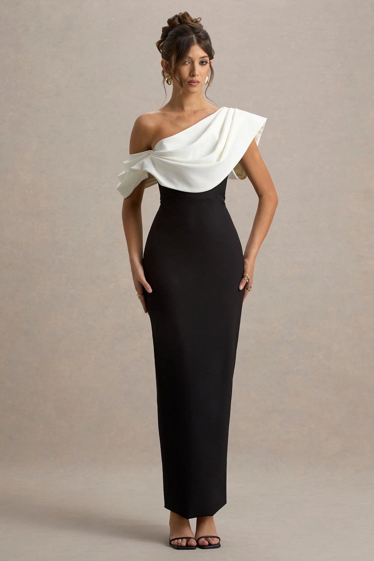 Angelina Black & White Draped Shoulder Maxi Dress