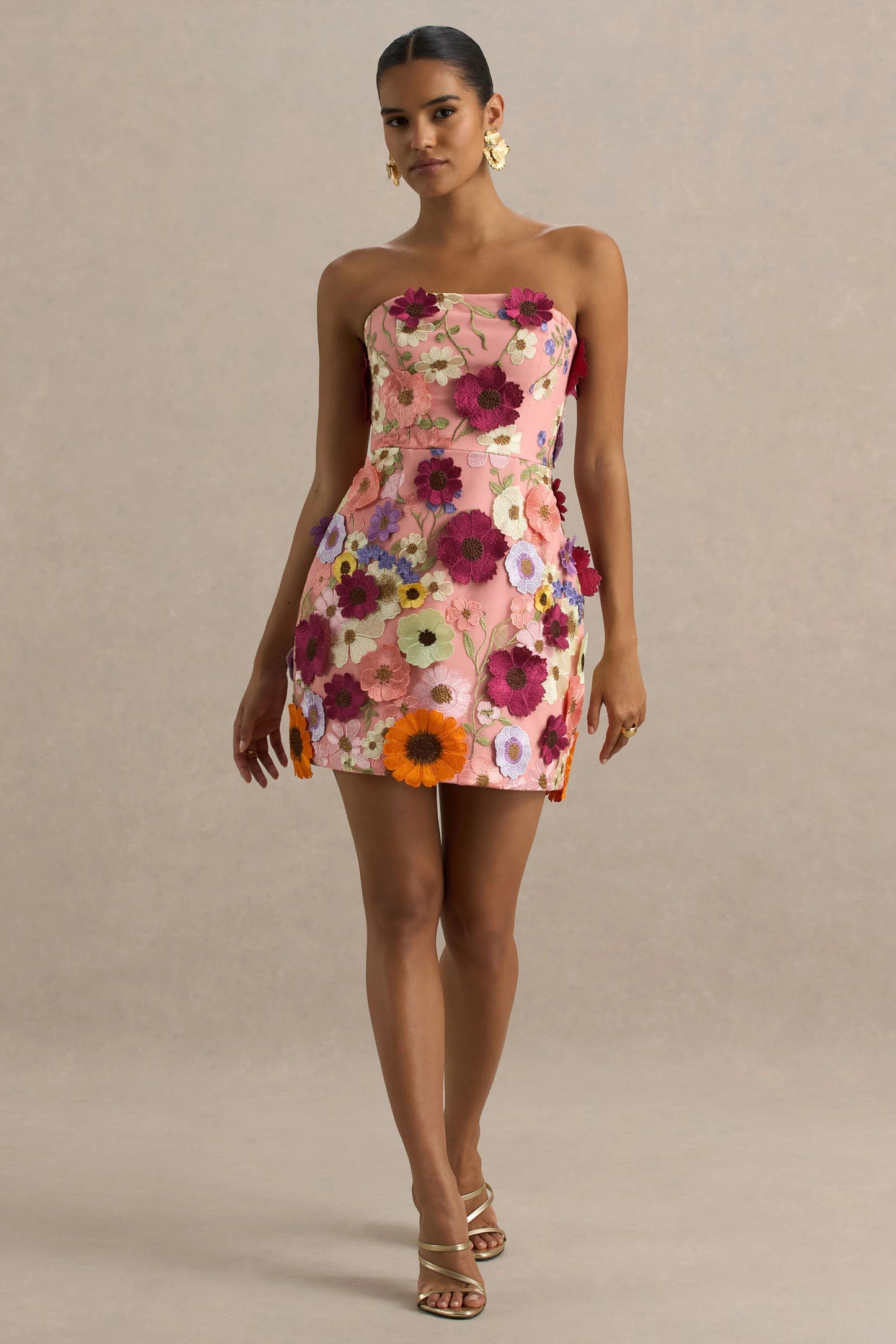 Kristen Pink Floral Bandeau-Neck Mini Dress