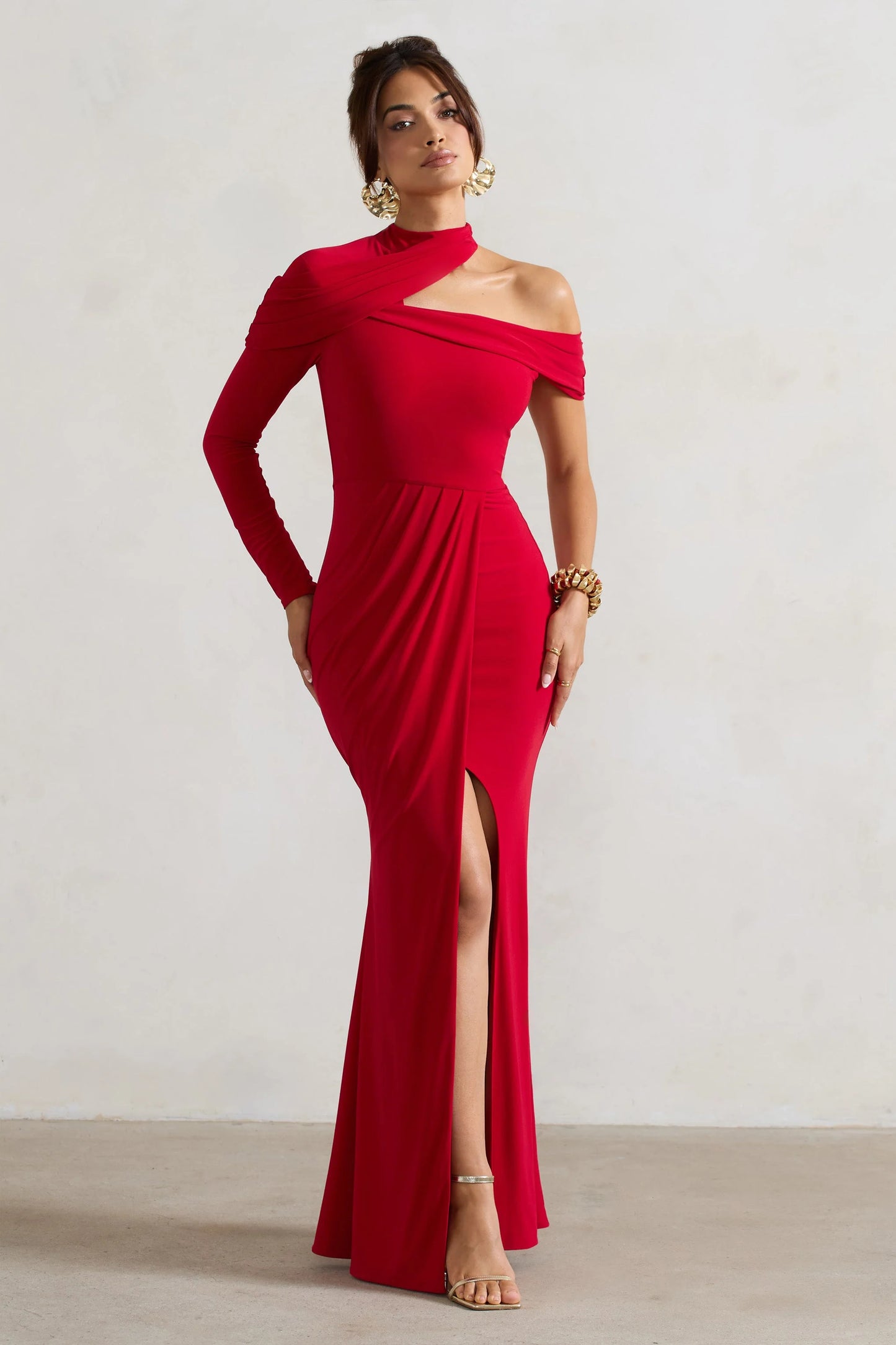 Tyla Red Asymmetric High-Neck Split Maxi Dress