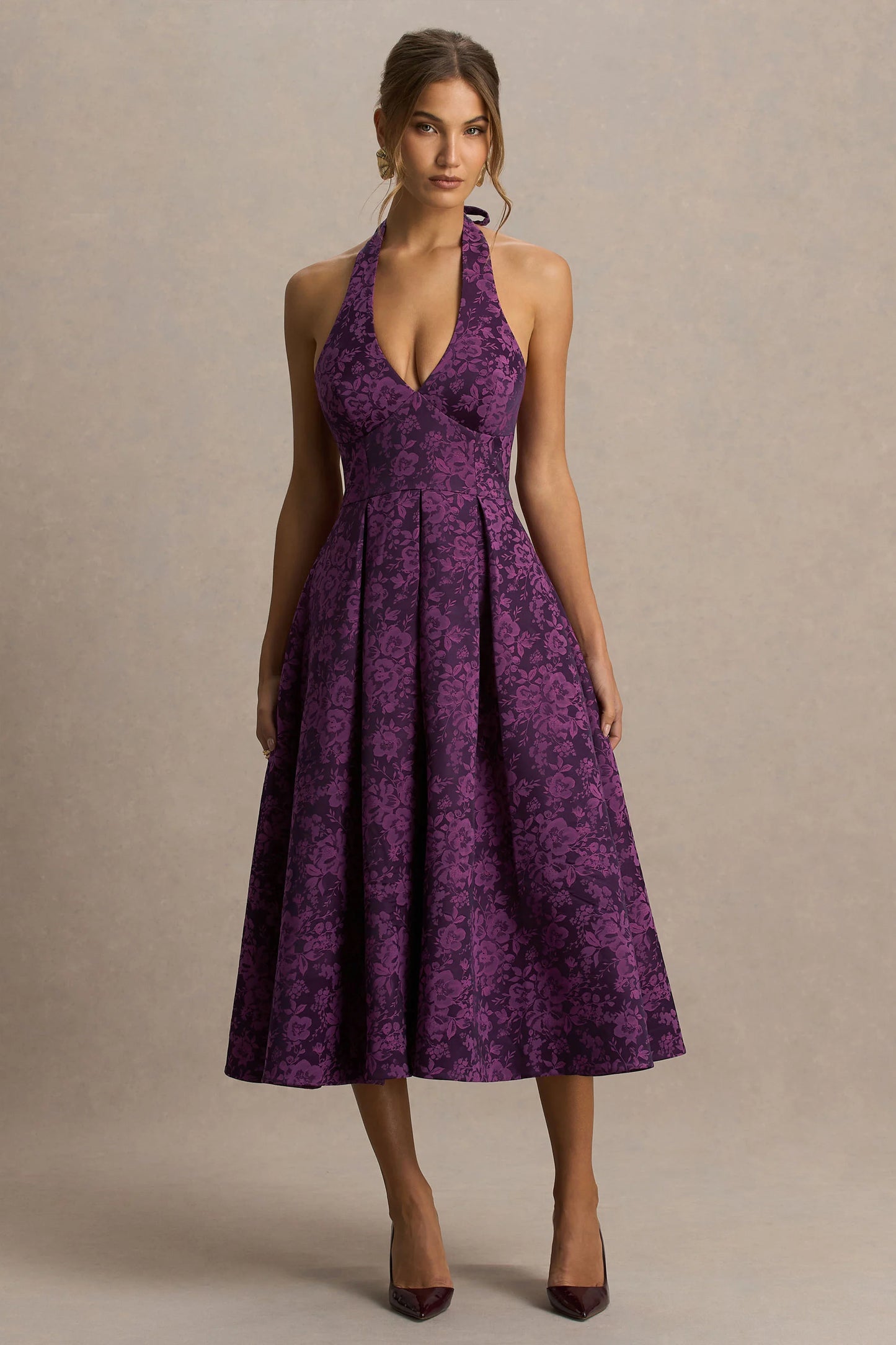 Isabeau Purple Satin Plunge-Neck Midi Dress