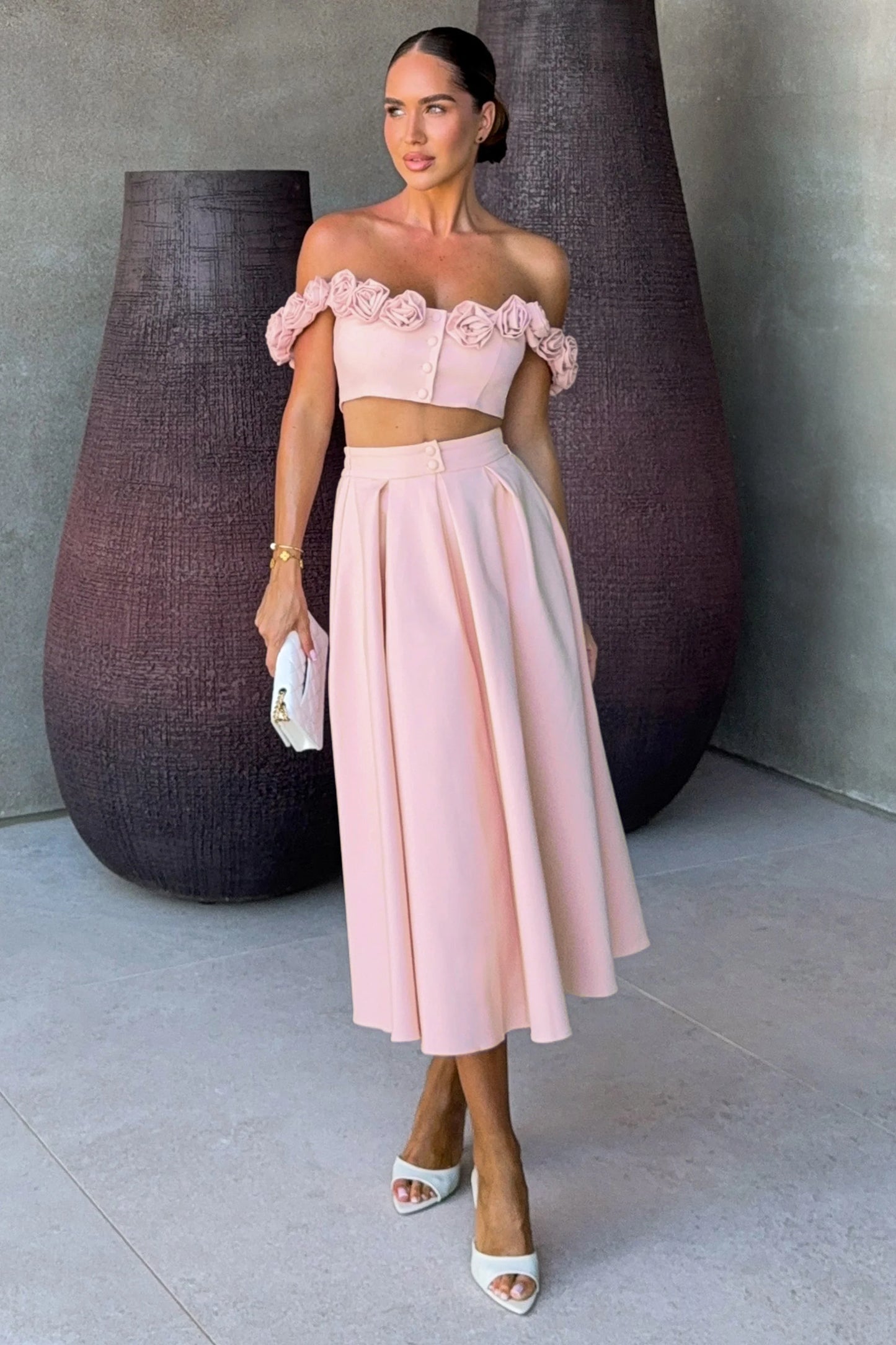 Sara Baby Pink Midi Skirt With Buttons