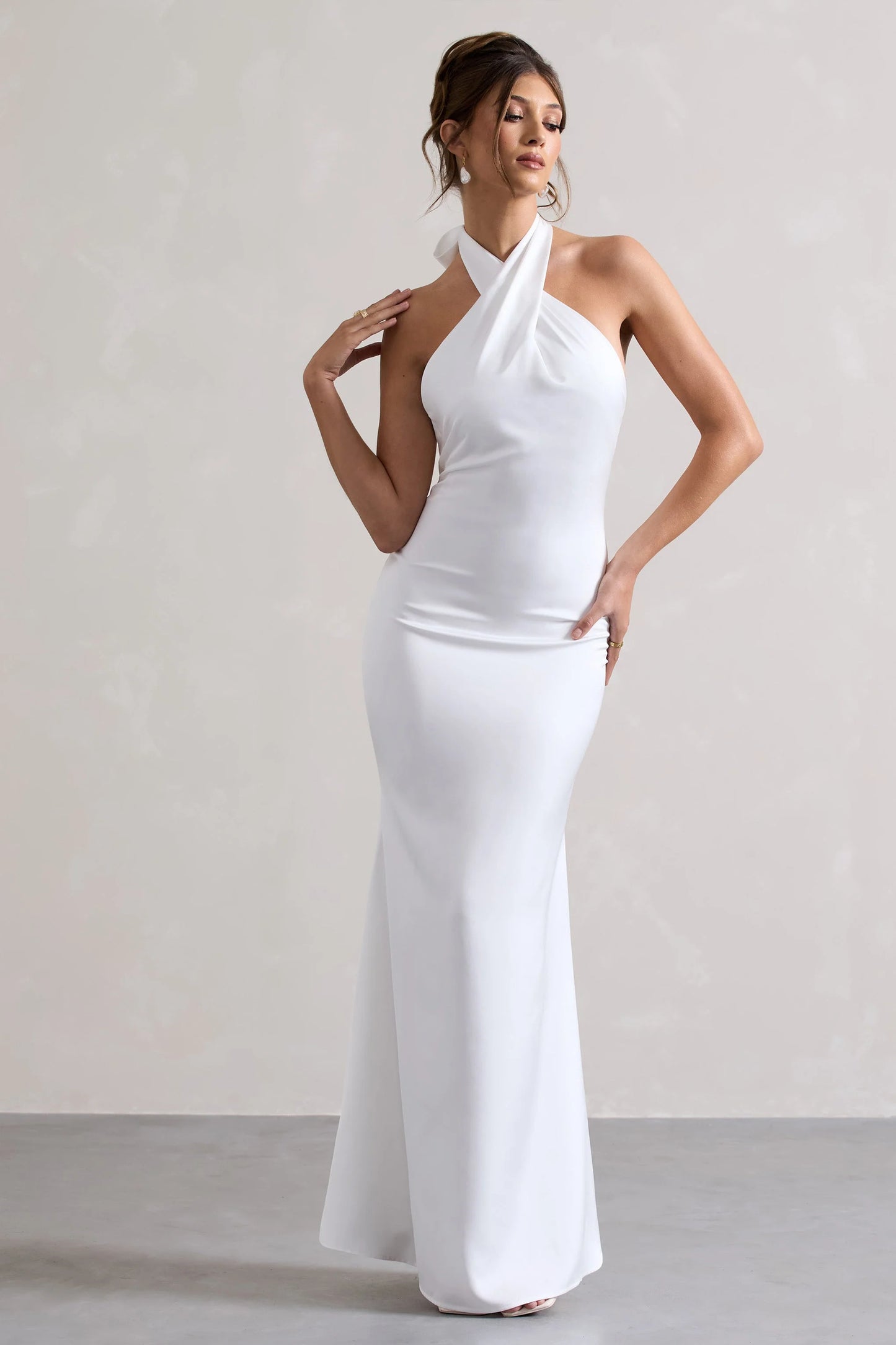 Unbeatable White Satin Cross Over Halter-Neck Maxi Dress