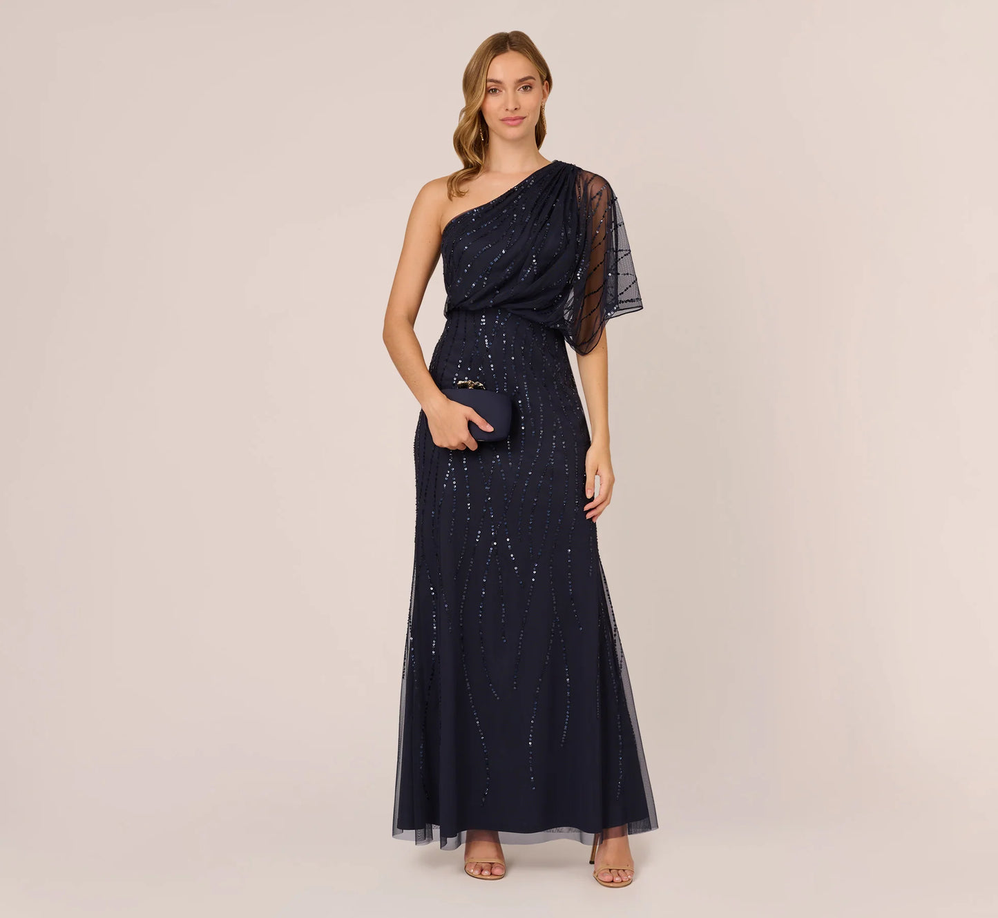 Draped One Shoulder Dress With Sequin Detail In Dusty Navy