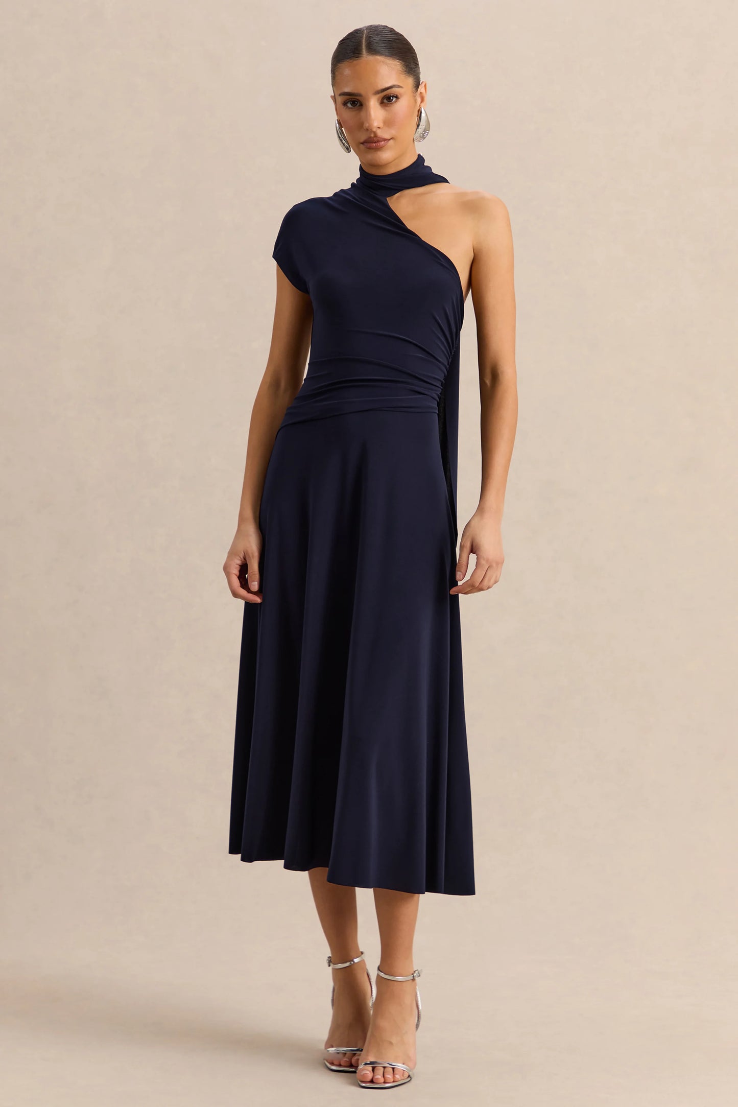 Lythara Navy Asymmetric-Neck Midi Dress With Scarf-Detail