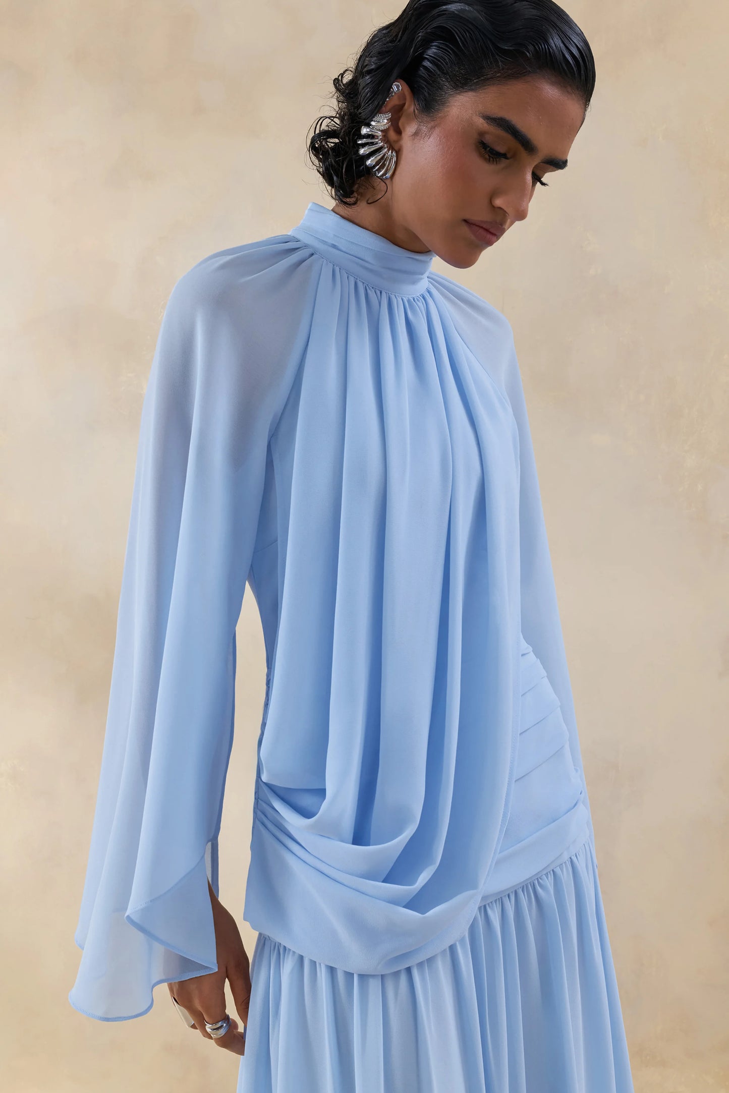 Narella Blue Chiffon High-Neck Maxi Dress With Draped-Detailing