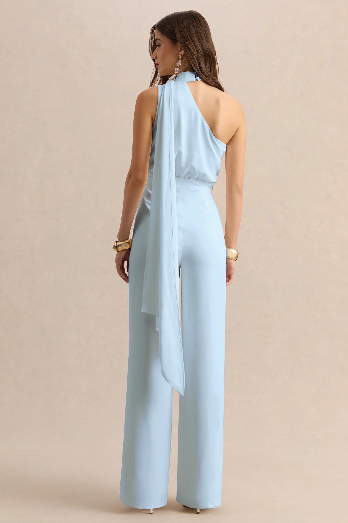 Gliselle Powder Blue Asymmetric-Neck Jumpsuit With Scarf-Detail