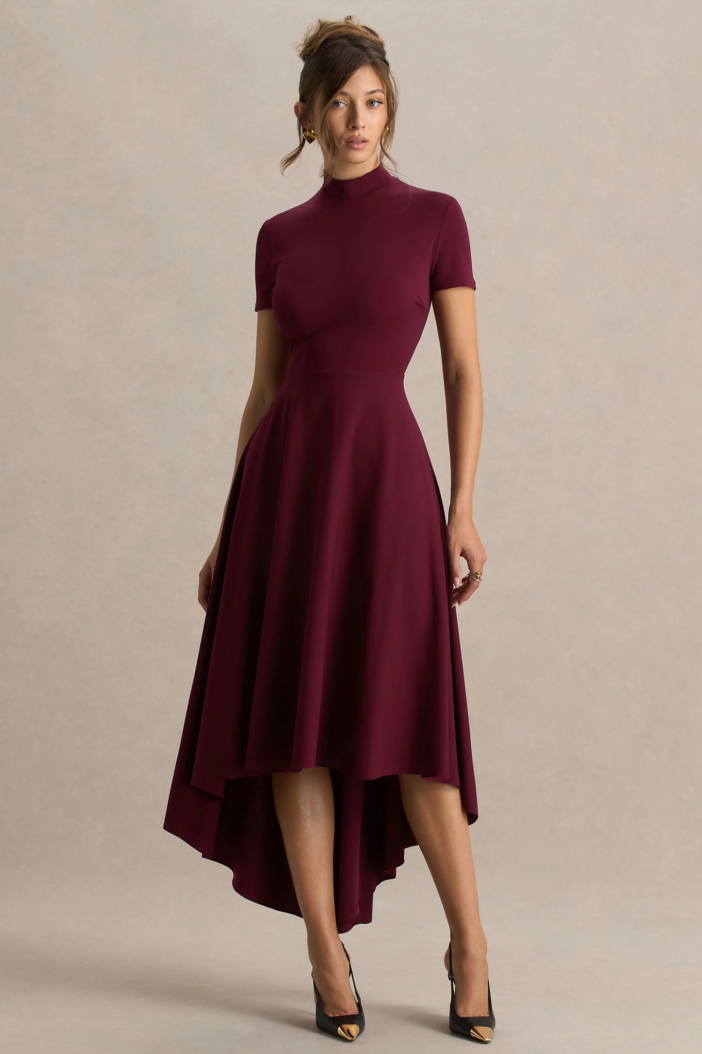 Bellona Burgundy High-Neck High-Low Midi Dress