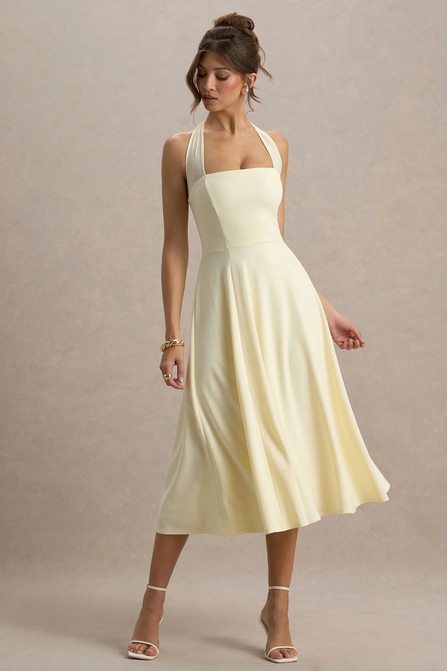 Auburn Pale Lemon Halter-Neck Midi Dress