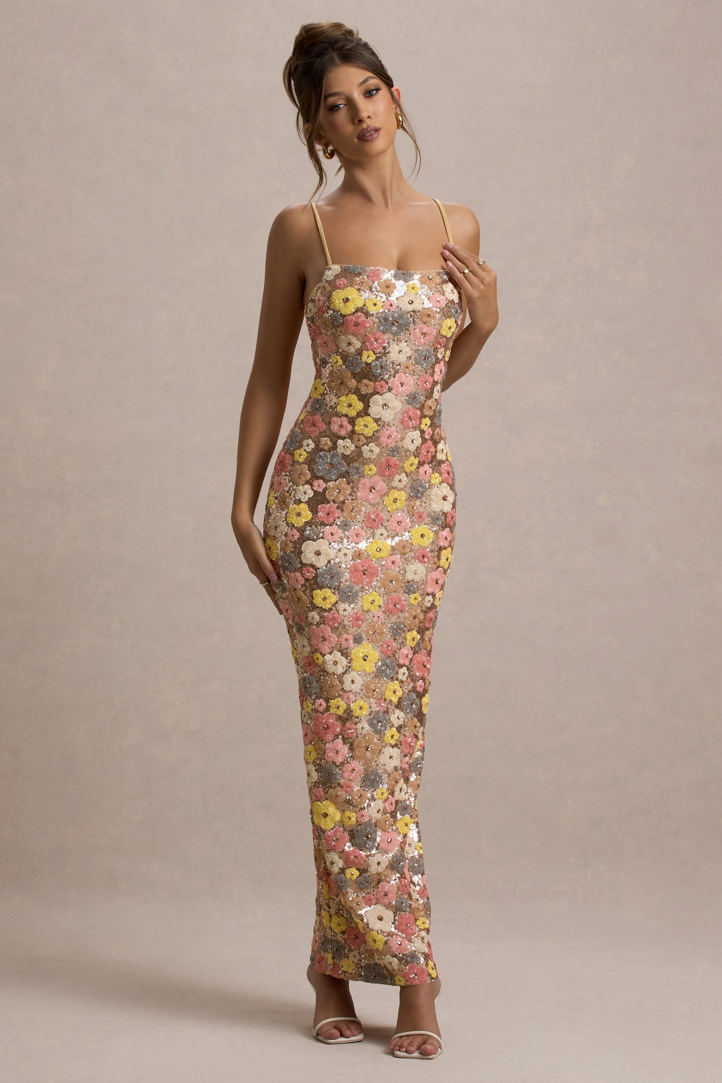 Vitora Pastel Floral Print Embellished Sequin Square-Neck Maxi Dress