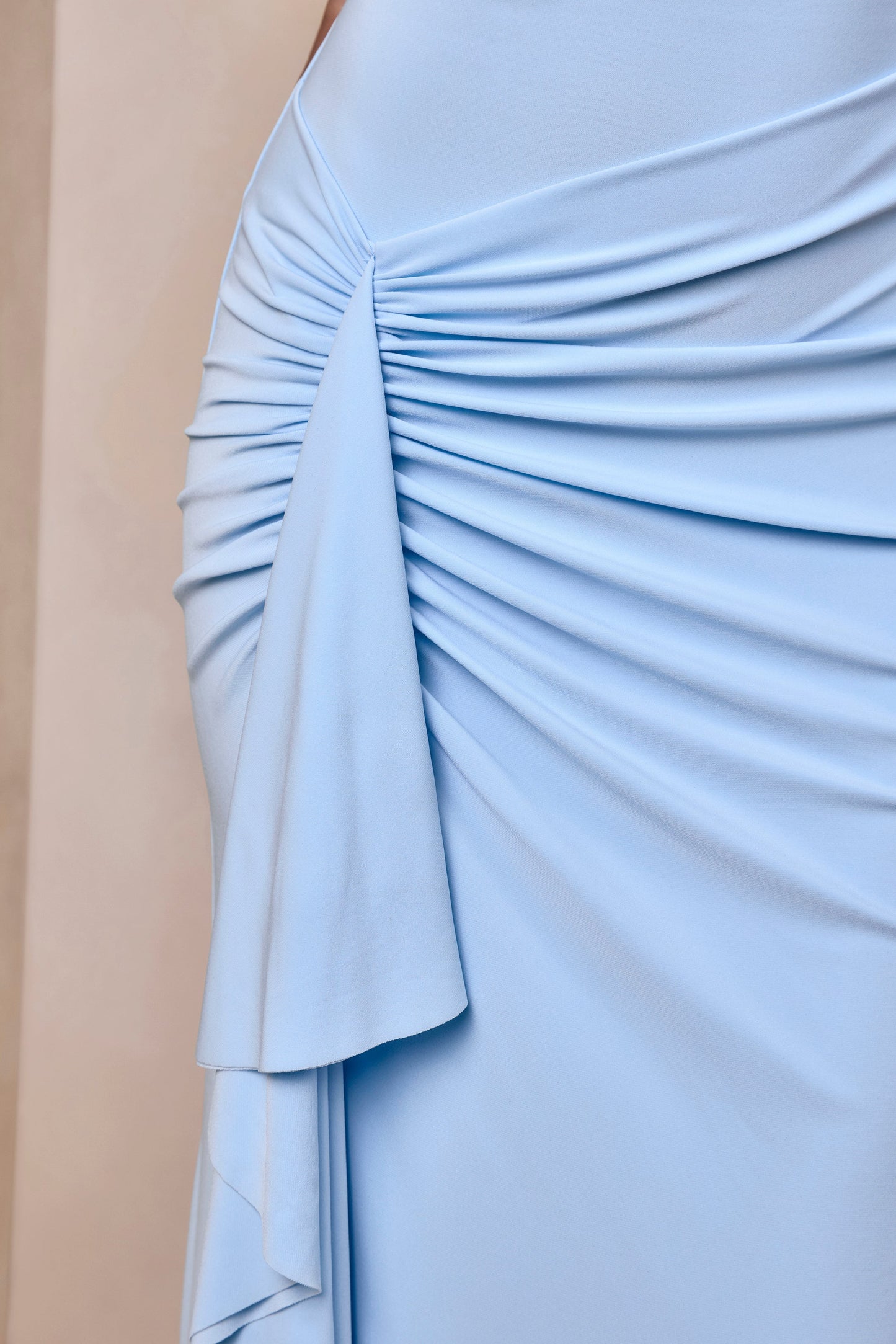 Siora Powder Blue Asymmetric-Neck Maxi Dress With Draped-Detailing