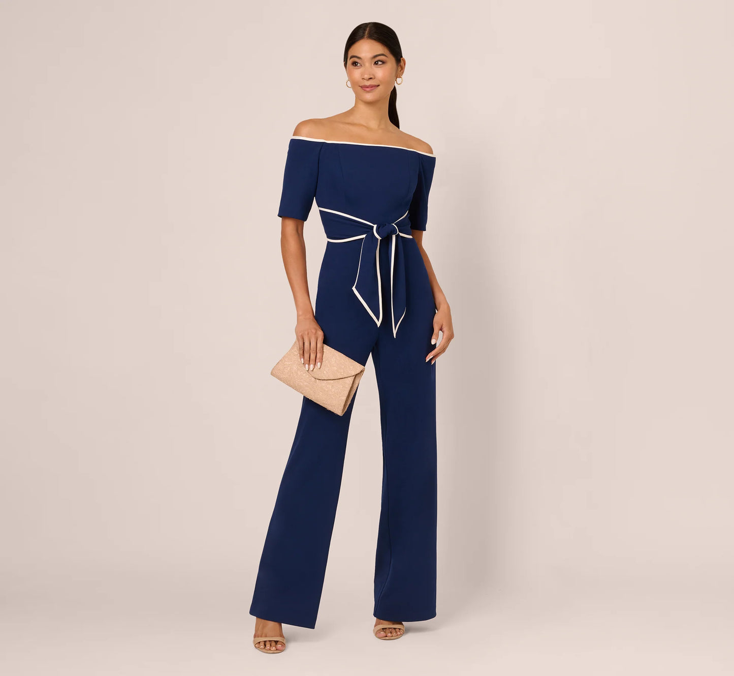 Knit Crepe Off-The-Shoulder Jumpsuit In Navy Sateen Ivory