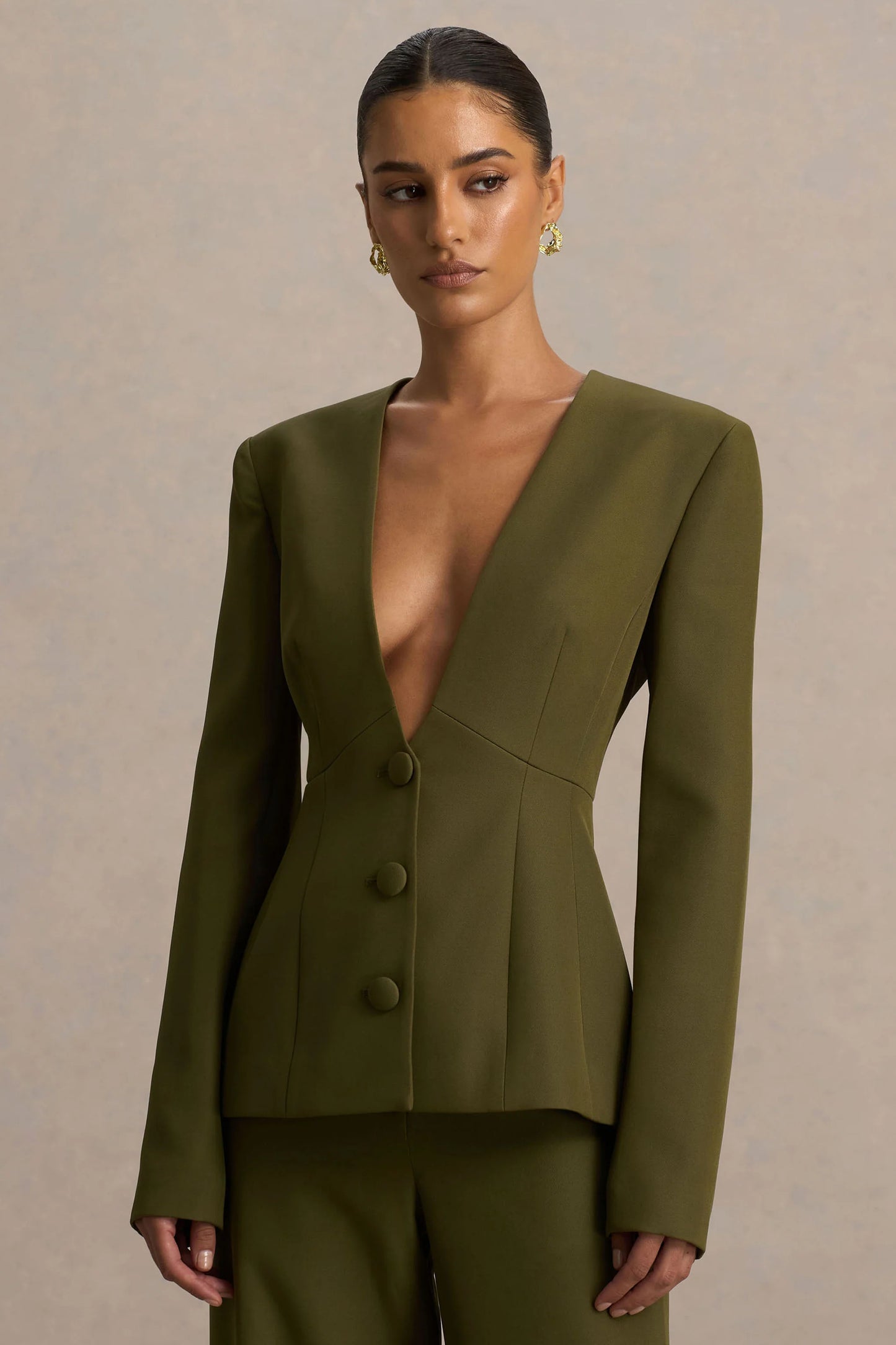 Rosalina Olive Extreme-Plunge Neck Tailored Blazer