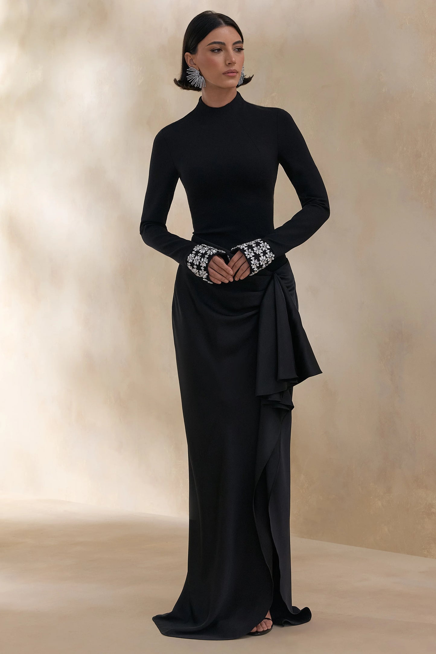 Starred Black High-Neck Maxi Dress With Satin Wrap-Skirt And Embellished Cuffs