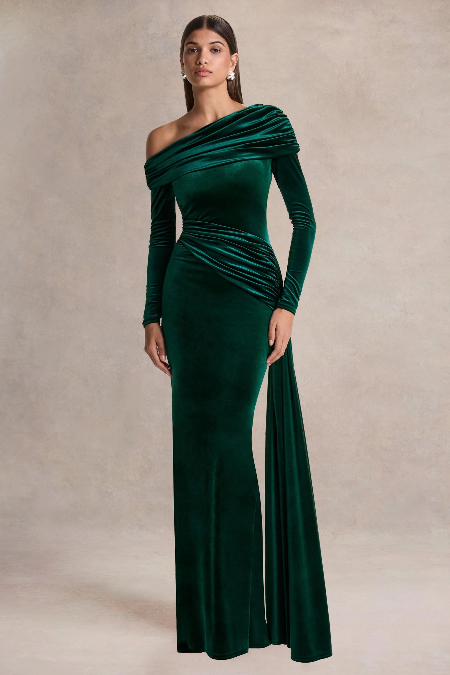 Hadria Bottle Green Velvet Asymmetric-Neck Maxi Dress With Sash-Detail