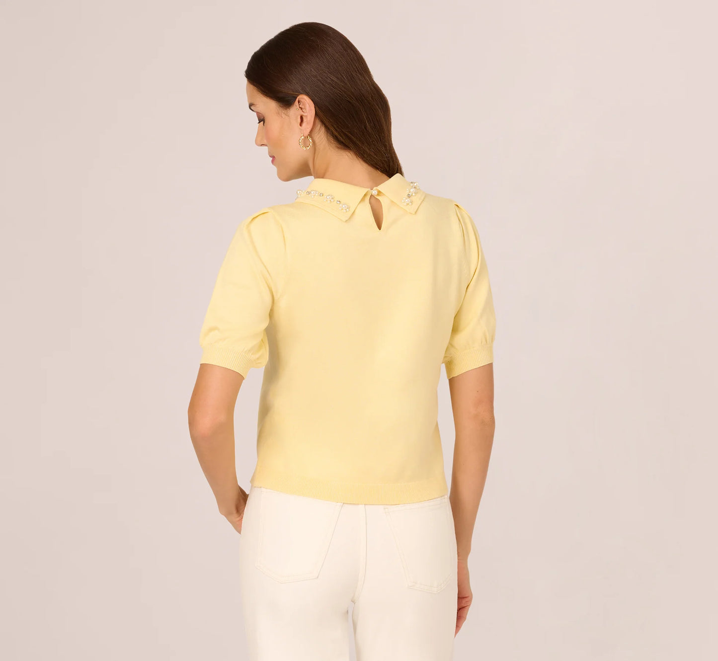 Puff Sleeve Beaded Peter Pan Collar Top In Pastel Yellow