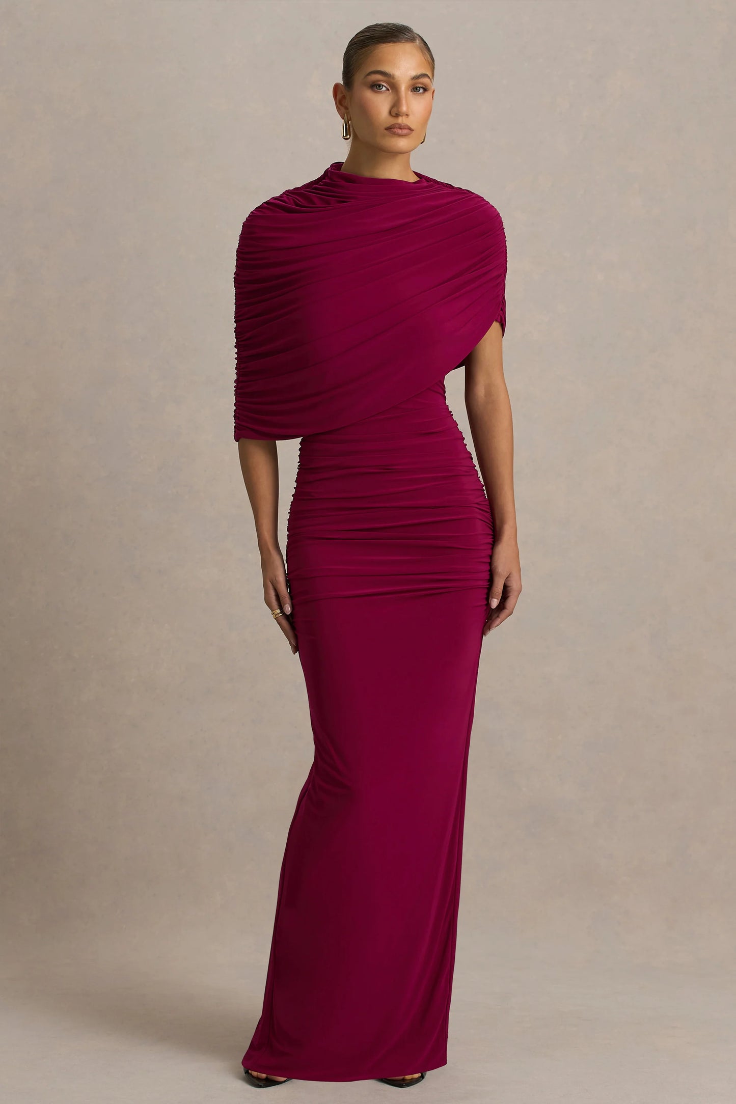 Glitz Burgundy High-Neck Maxi Dress With Cape Sleeve and Ruched Detailing