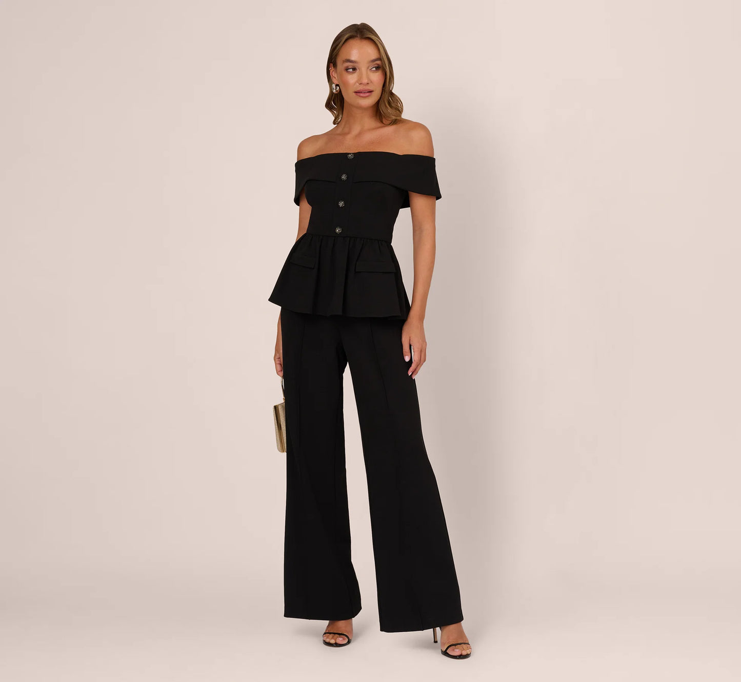 Off Shoulder Crepe Peplum Jumpsuit In Black