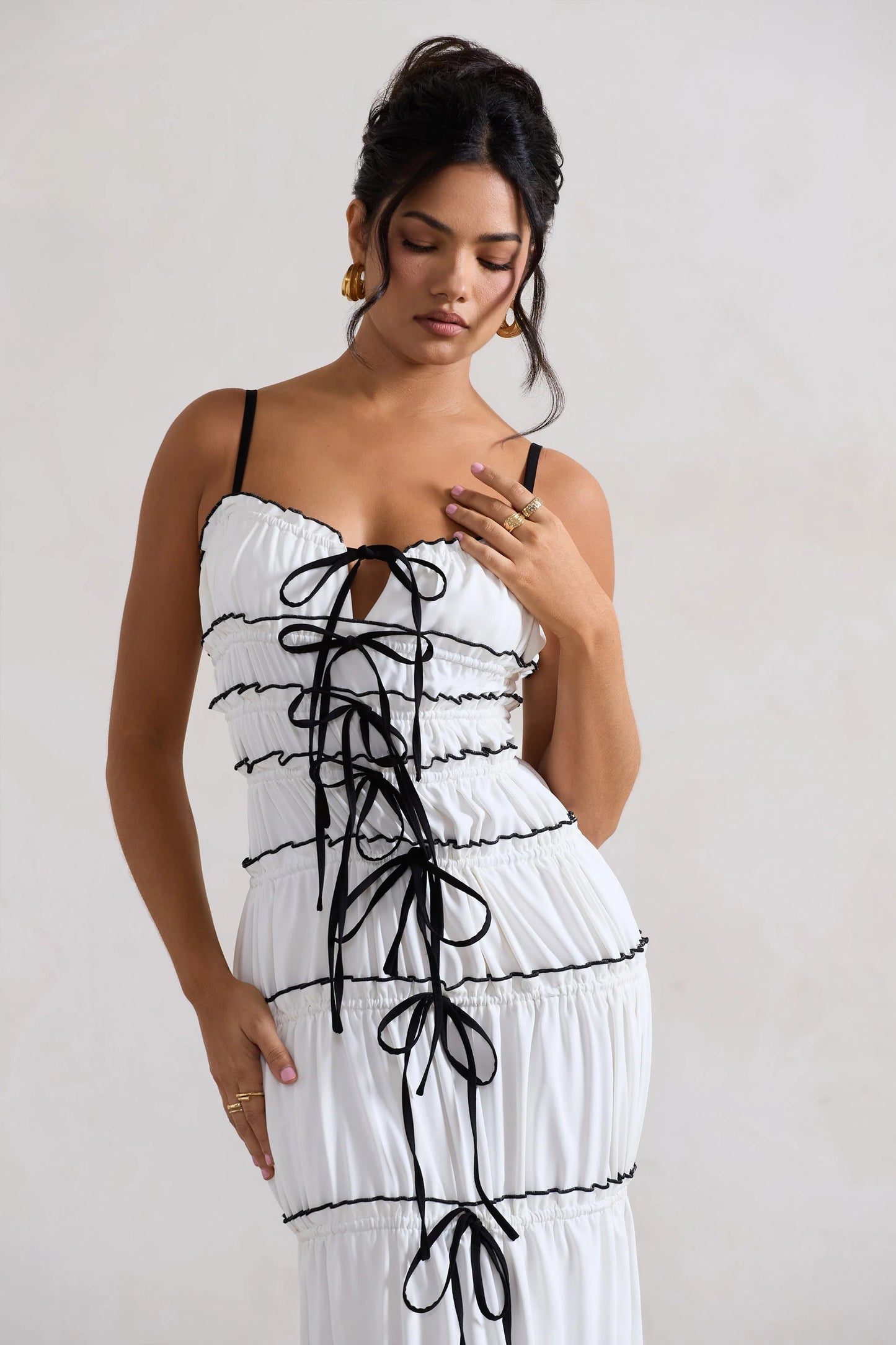 Summer Breeze White Strappy Gathered Tiered Maxi Dress