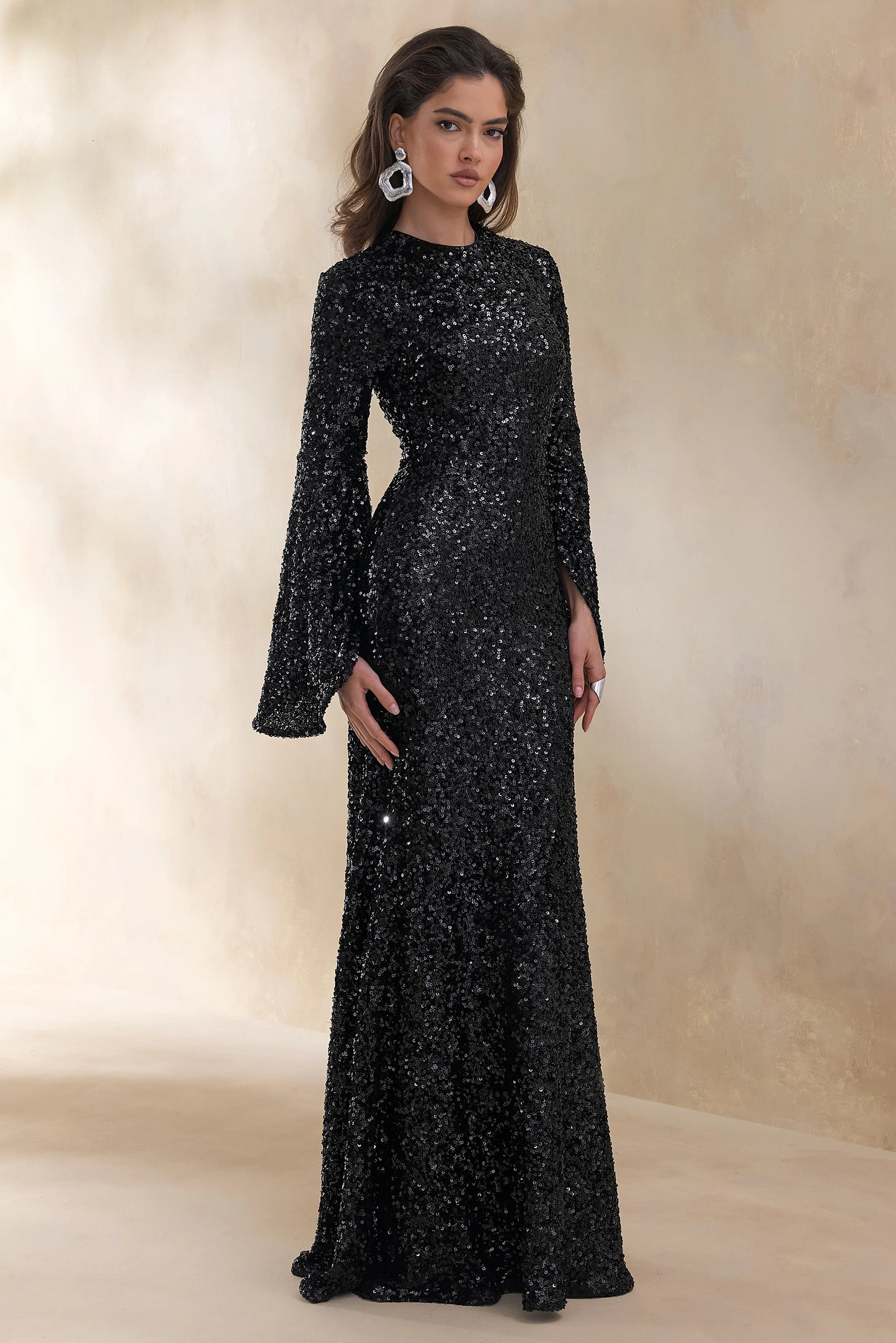Romea Black Sequin High-Neck Maxi Dress With Cape Sleeves