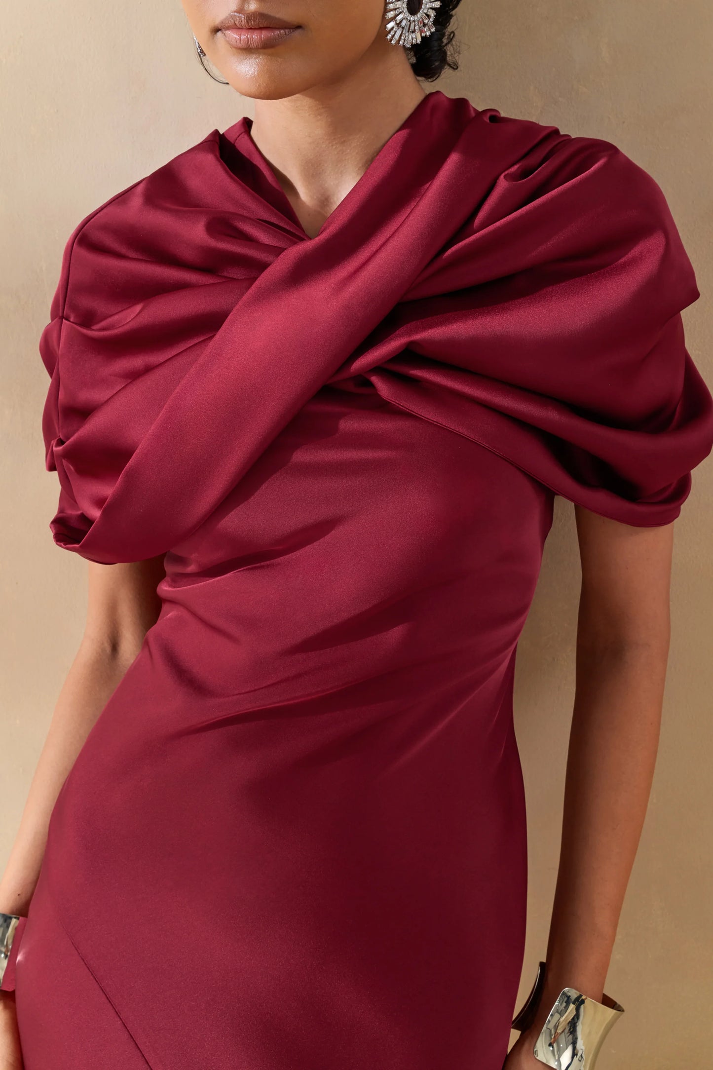 Yoli Burgundy Satin Maxi Dress With Removable Twist-Cape