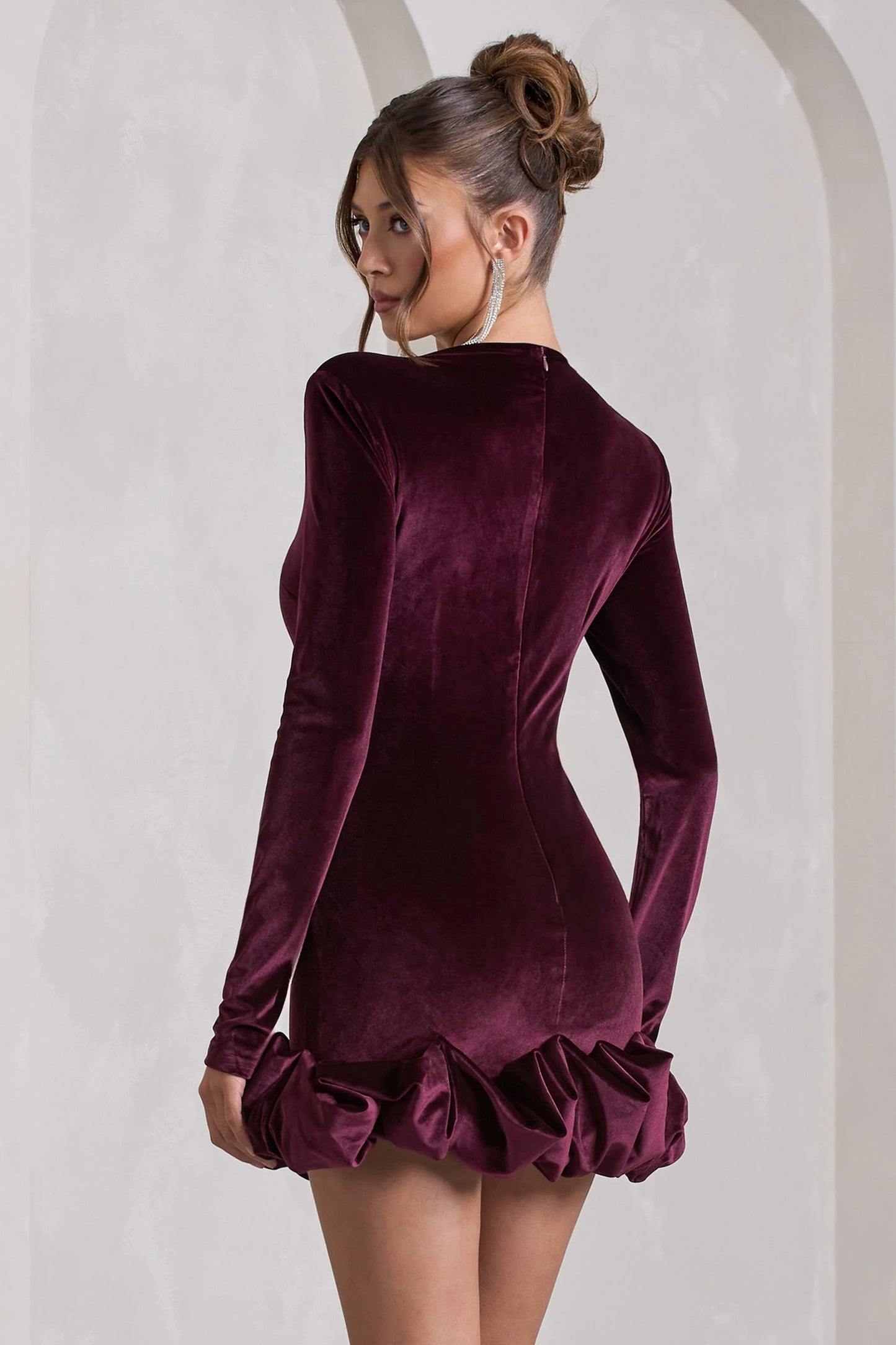 Claudine Port Velvet Long-Sleeved Ruffled Mini Dress