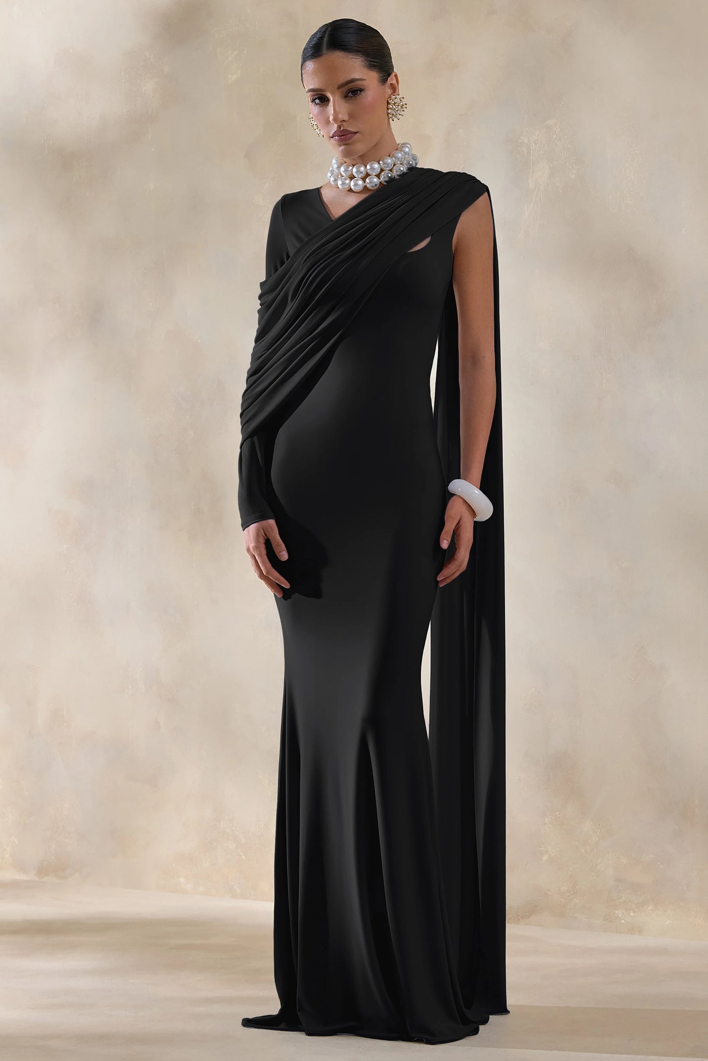 Rubelle Black Asymmetric-Neck Maxi Dress With Draped-Detailing