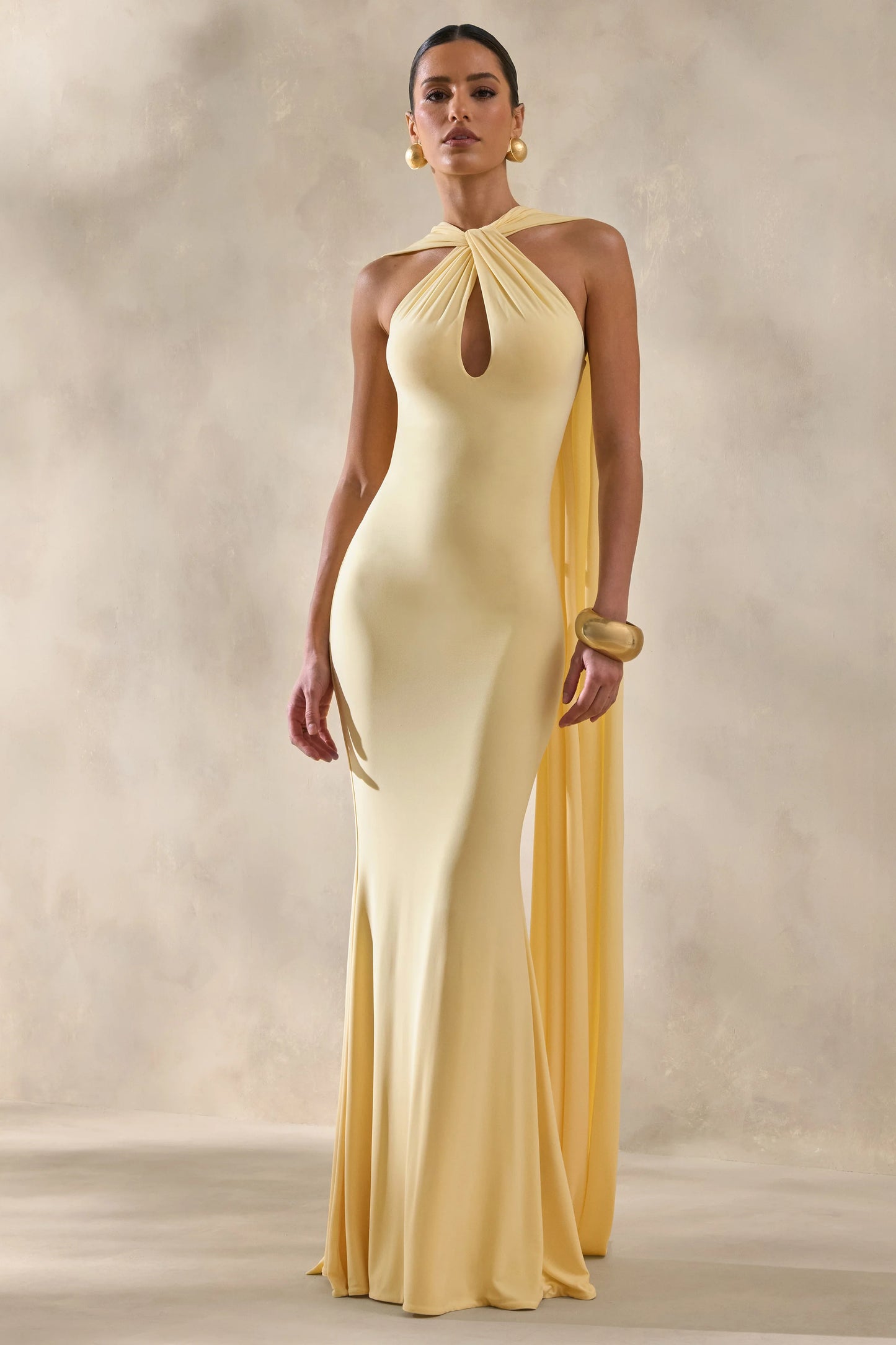 Rhoda Lemon Twist Halter-Neck Cape Maxi Dress