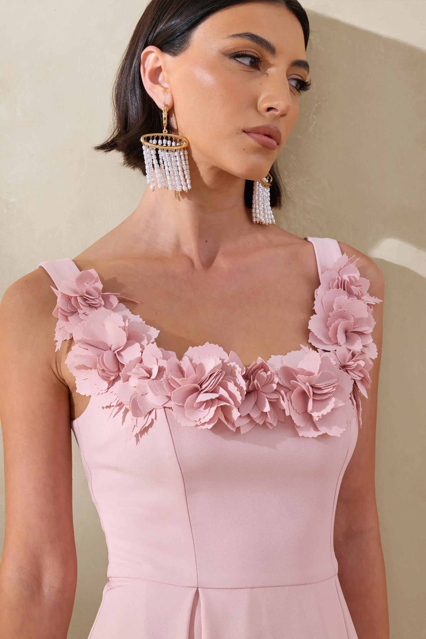 Maelle Pink Scoop-Neck Midi Dress With Corsage Detailing