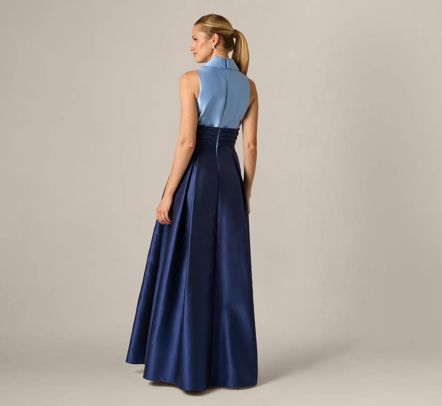 Sleeveless Color Block Tuxedo Ballgown In Icy Topaz Navy