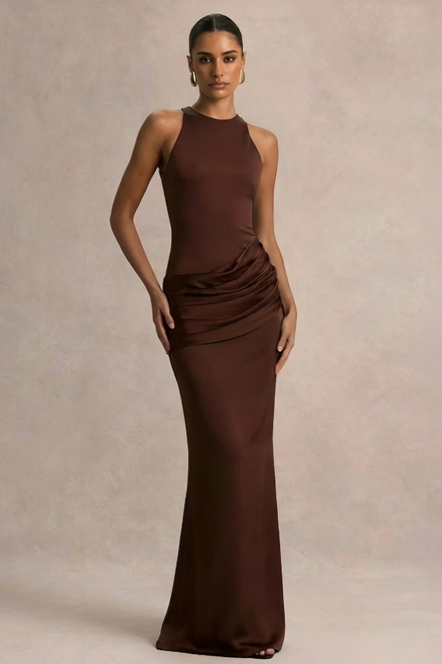 Akari Brown Crew-Neck Maxi Dress With Satin Skirt