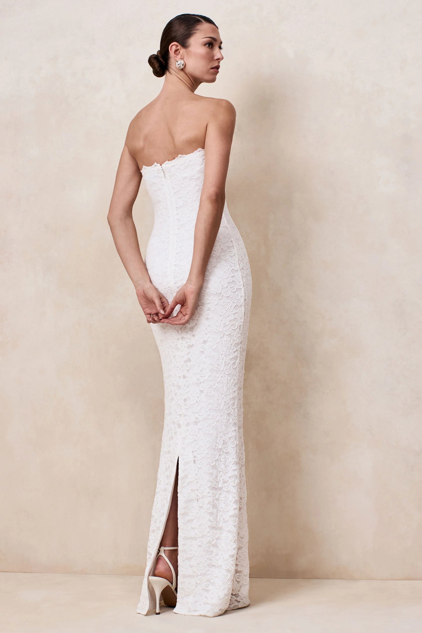 Massima White Lace Bandeau Maxi Dress With Scarf-Detail