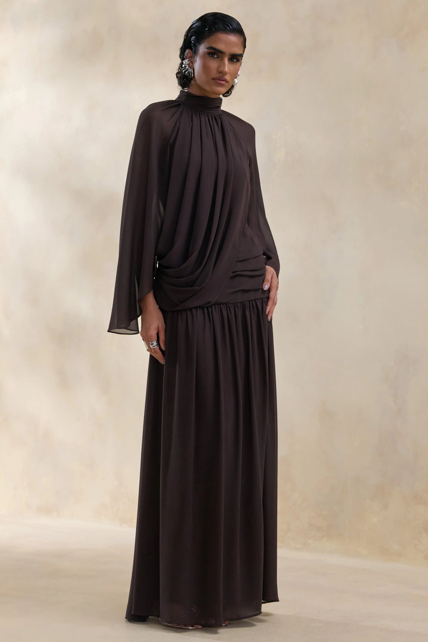 Narella Brown Chiffon High-Neck Maxi Dress With Draped-Detailing