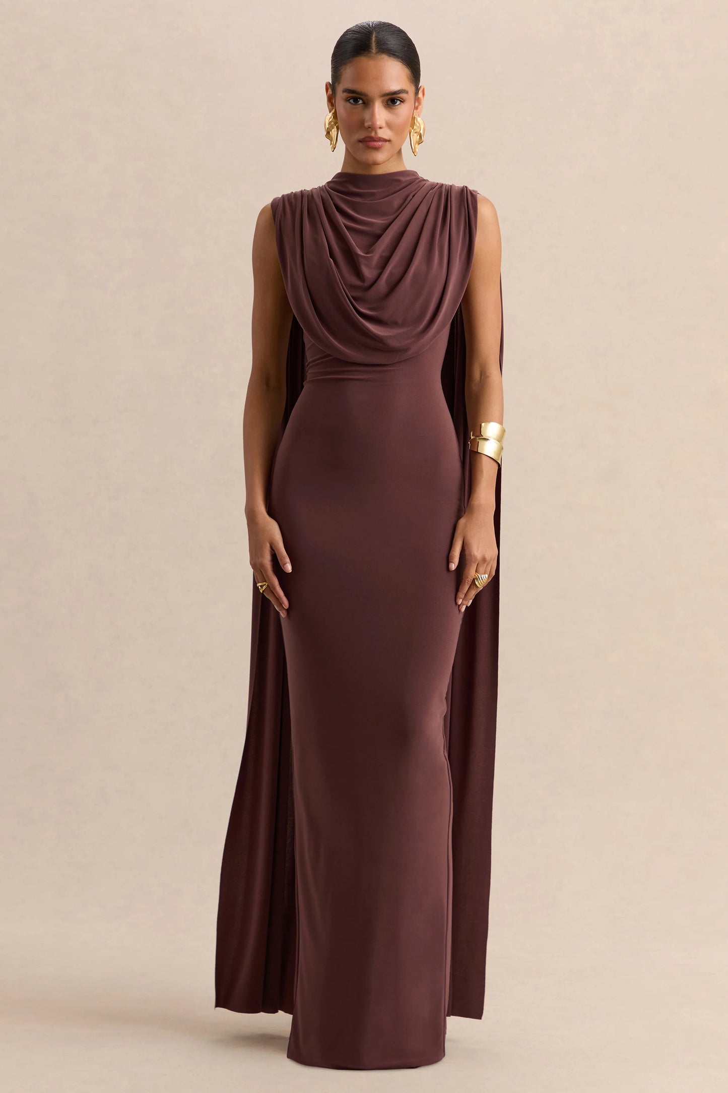 Patrina Brown High-Neck Maxi Dress With Draped-Detailing And Cape-Sleeves