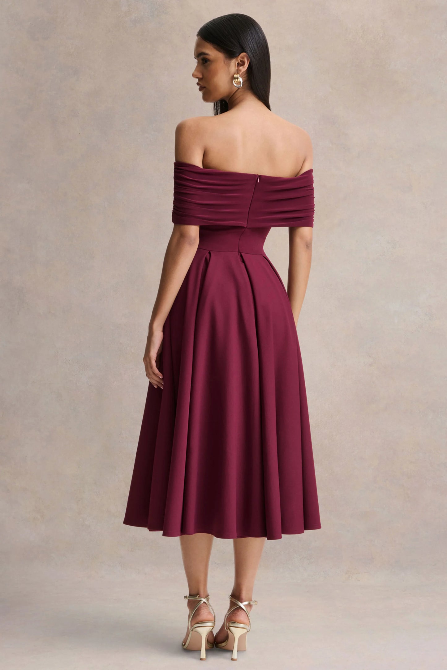 Dearest Burgundy Bardot-Neck Midi Dress