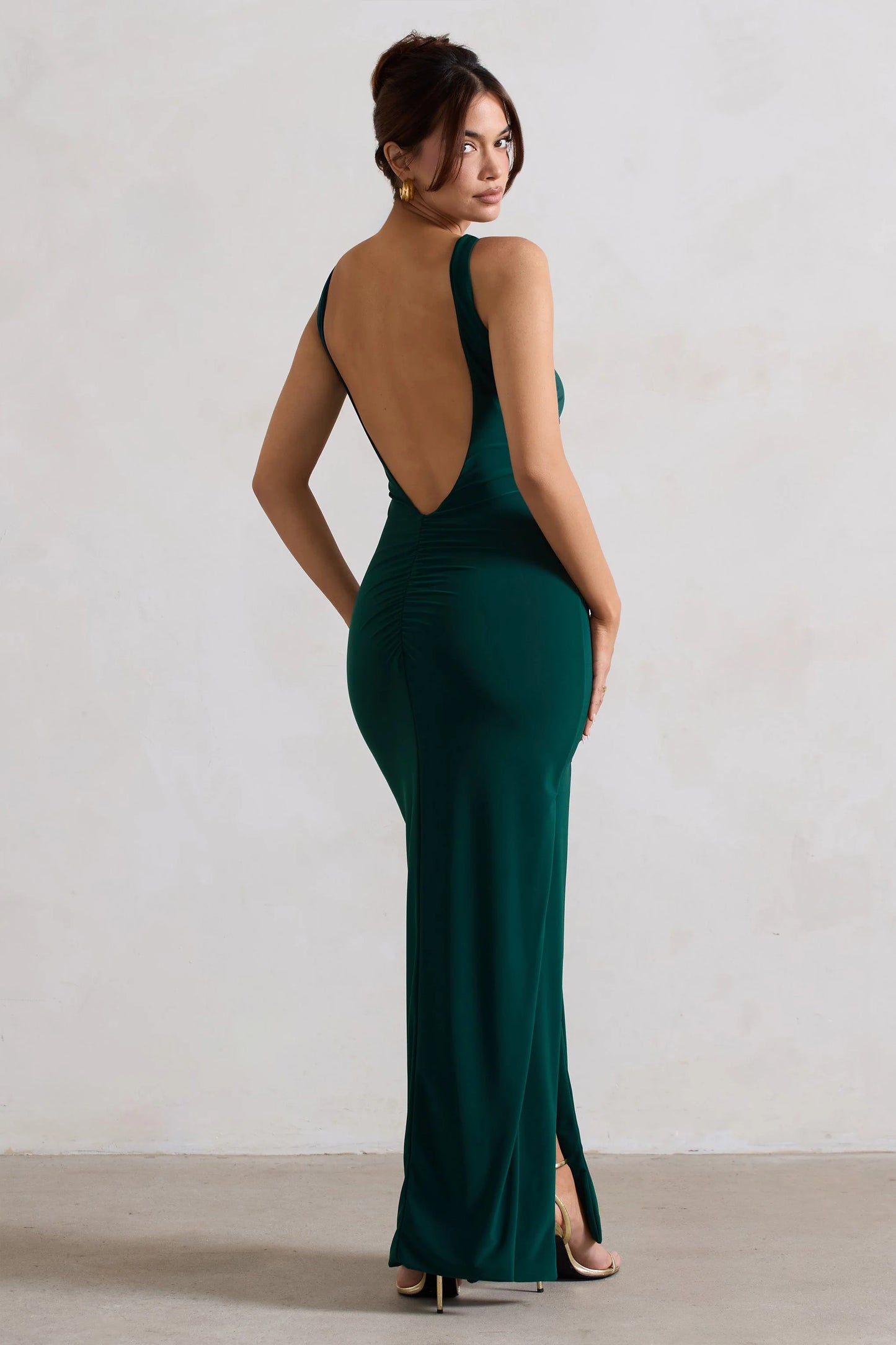 Kate Bottle Green Square Neck Maxi Dress with Plunge Back and Side Thigh Split