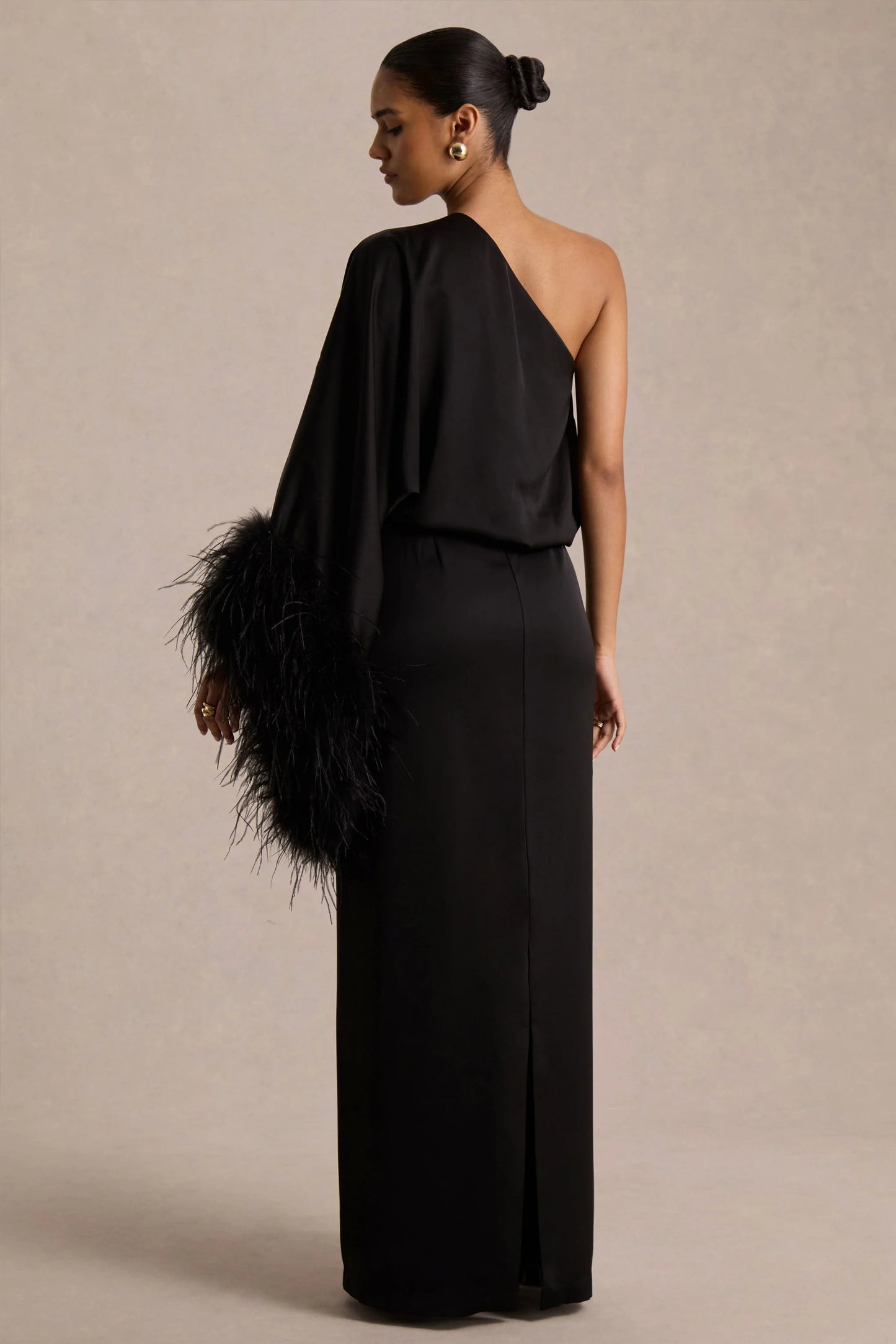 Felicity Black Satin Asymmetric-Neck Maxi Dress With Feather Detailing
