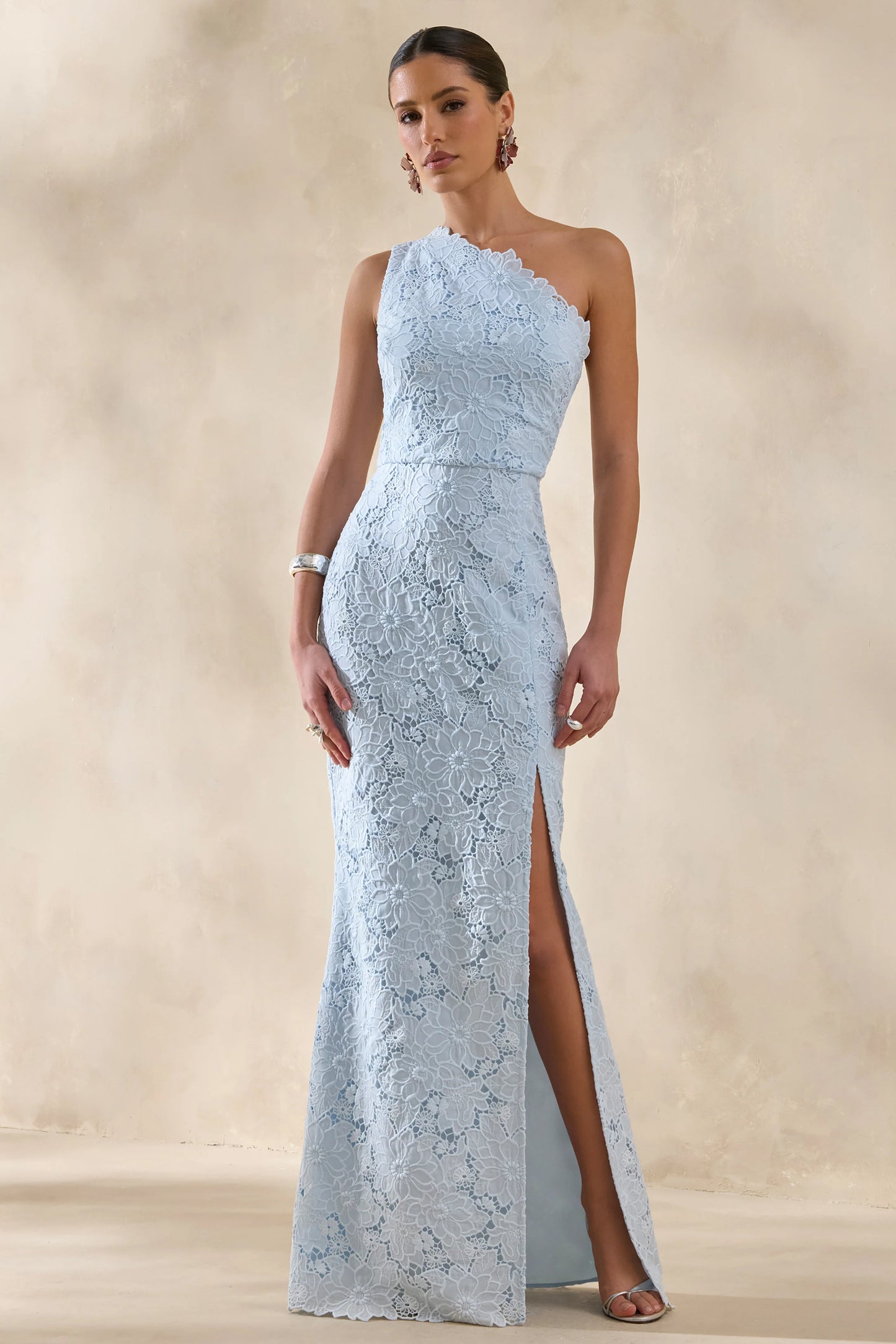 Lunia Powder Blue Broderie Asymmetric-Neck Maxi Dress