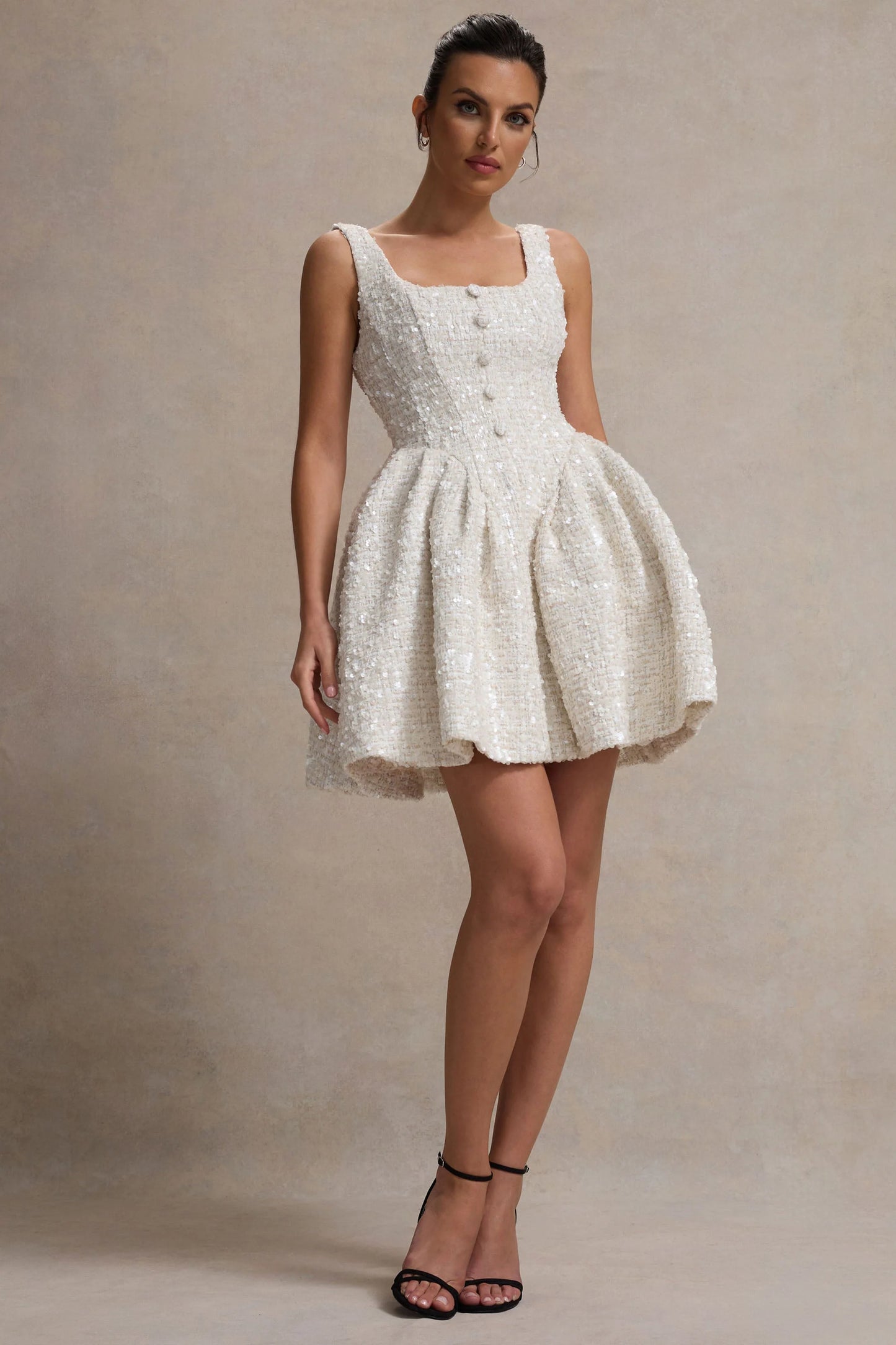 Sugar Plum Cream Boucle Square-Neck Mini Dress