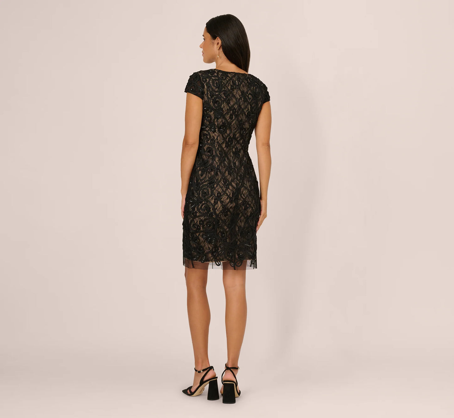 Cap Sleeve Soutache Lace Beaded Midi Dress In Black Nude