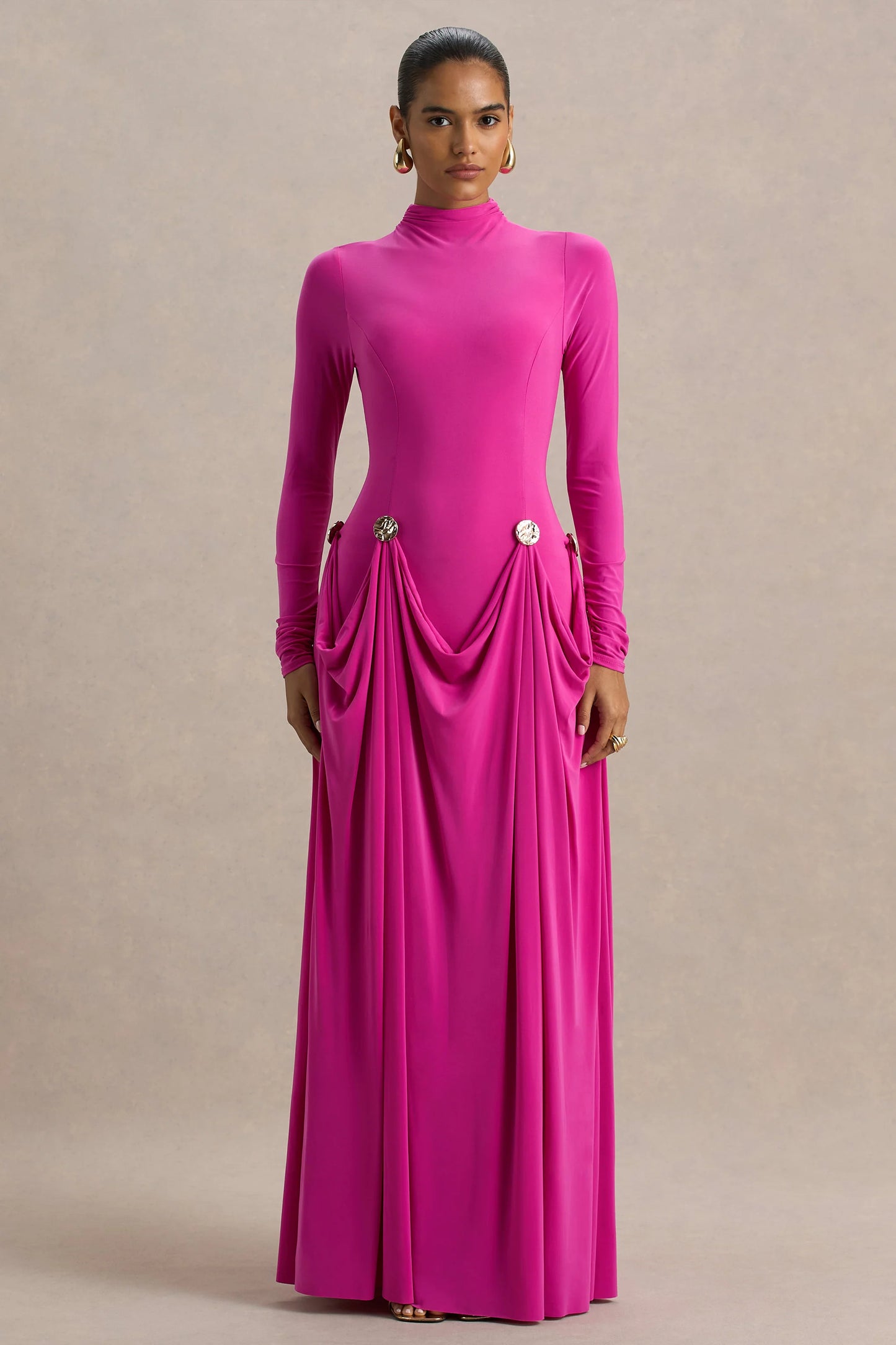 Caprice Hot Pink High-Neck Maxi Dress With Embellished Details