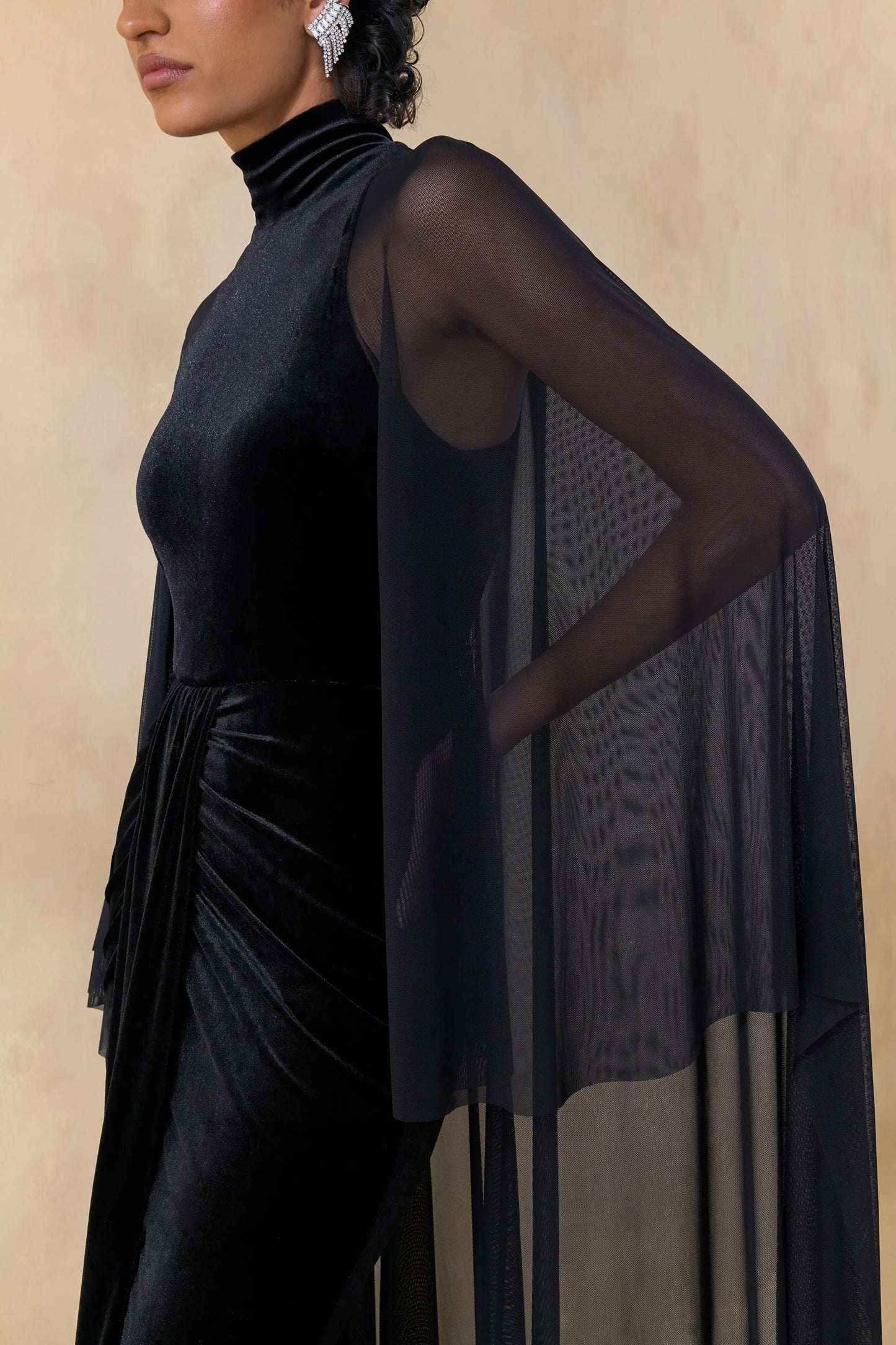 Adoring Black Velvet High-Neck Maxi Dress With Cape