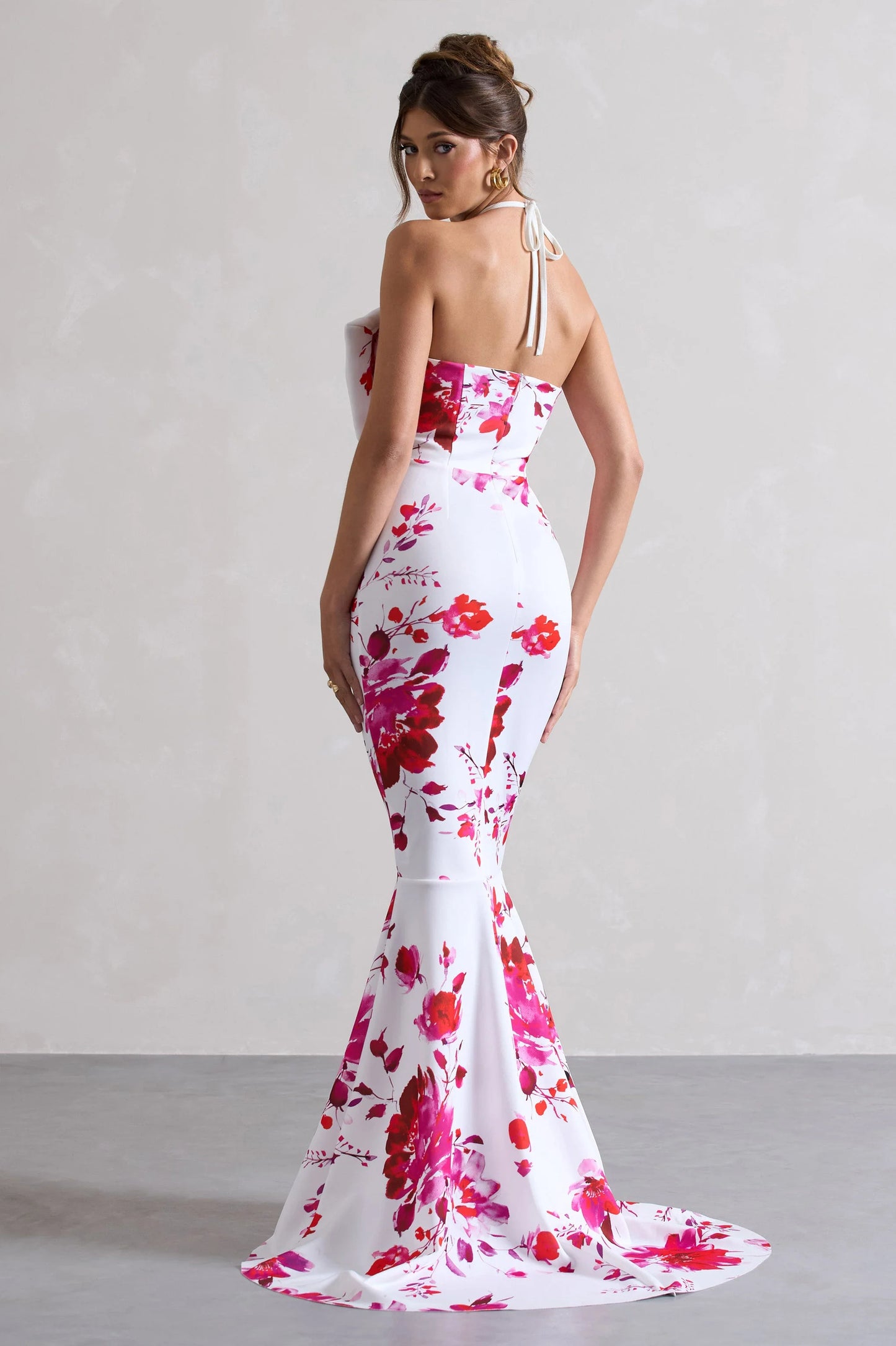 Sakura Pink Floral Print Halter-Neck Fishtail Maxi Dress With Bow